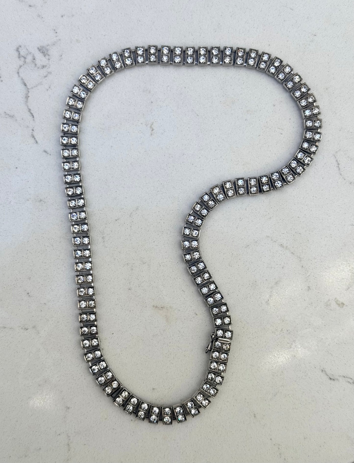 .1930s .1940s .925 Art Deco style double paste stone tennis style sterling silver choker necklace