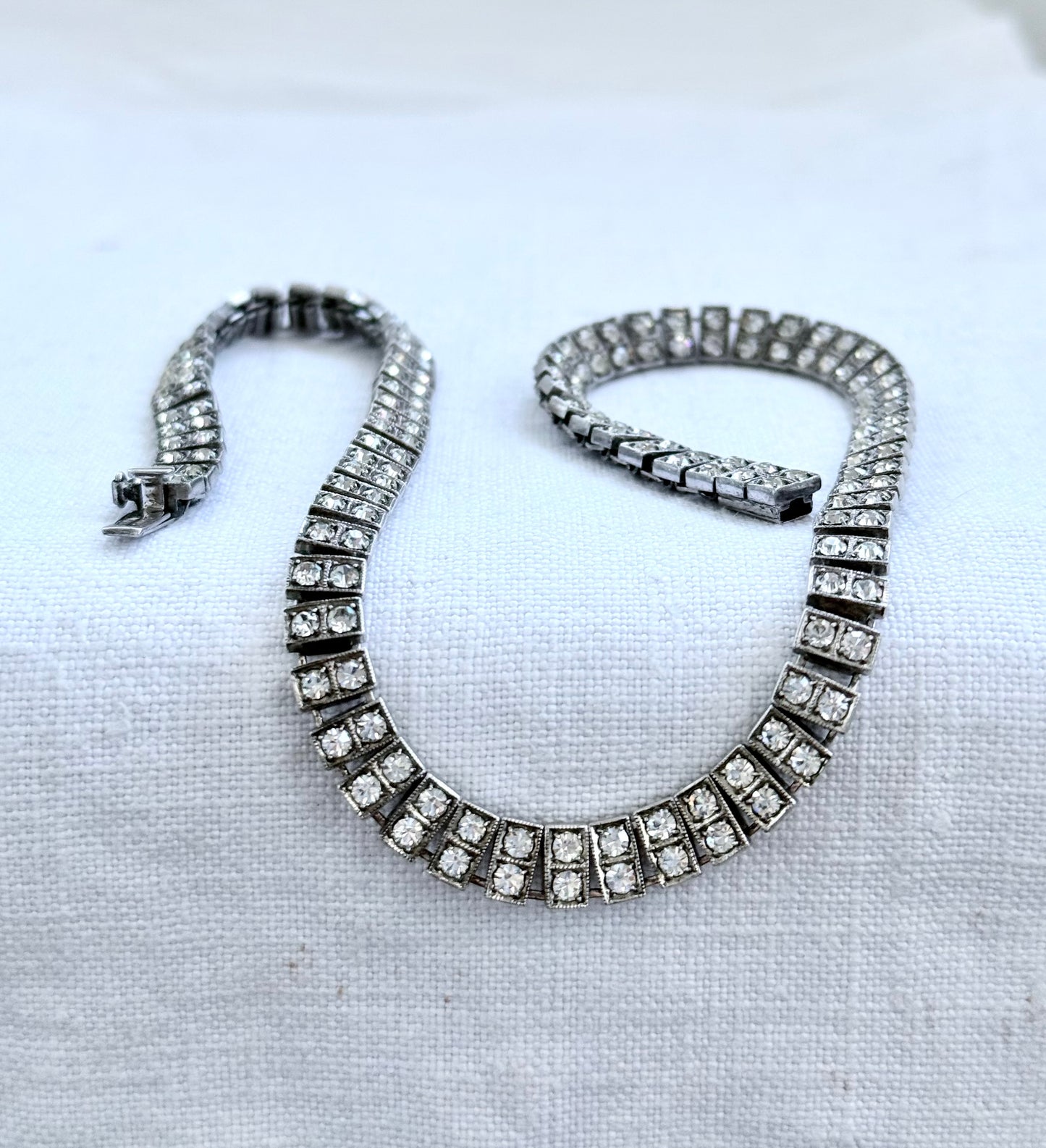 .1930s .1940s .925 Art Deco style double paste stone tennis style sterling silver choker necklace