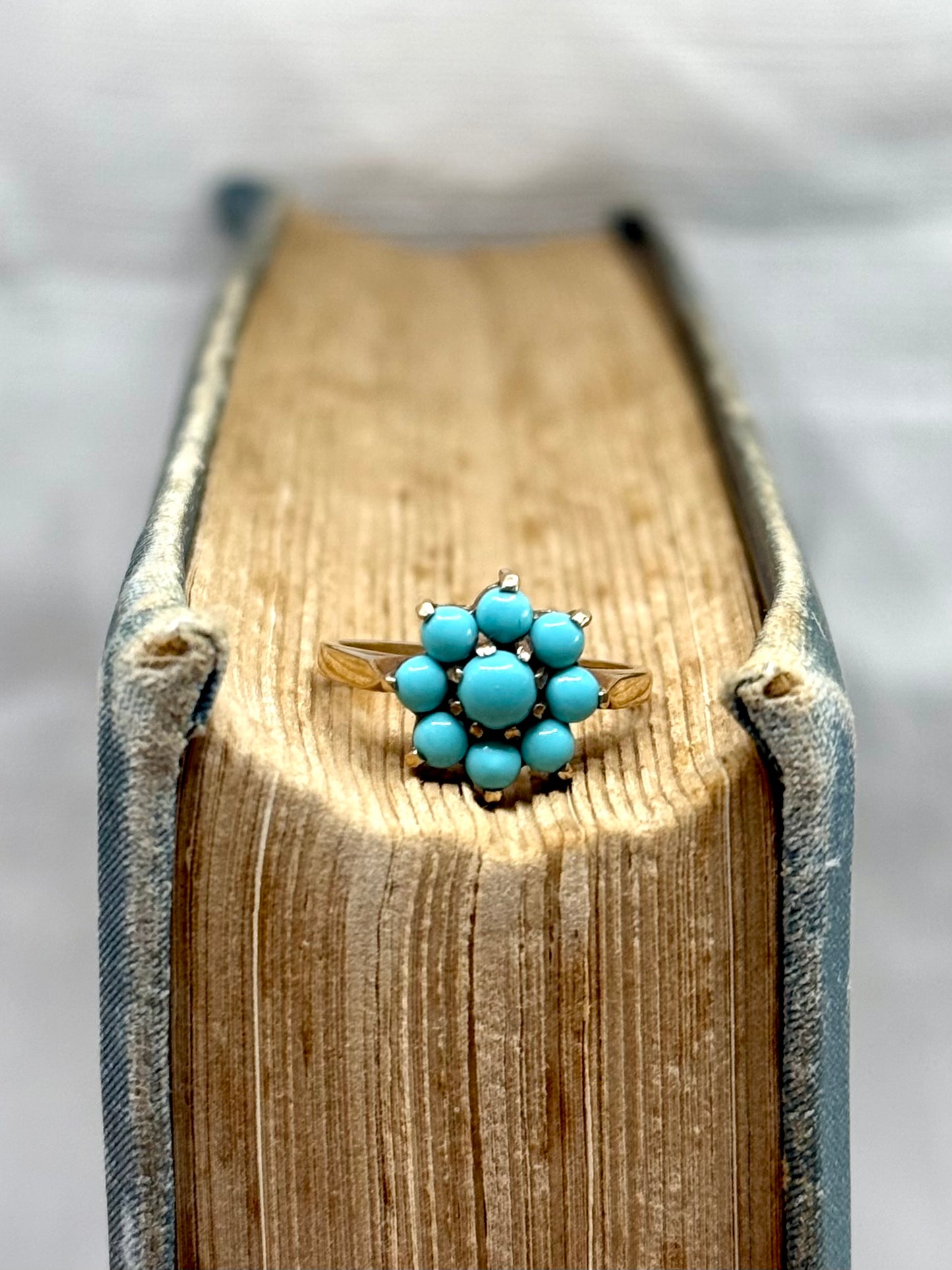 .375 .9ct gold cluster turquoise flower classic precious gemstone gold ring