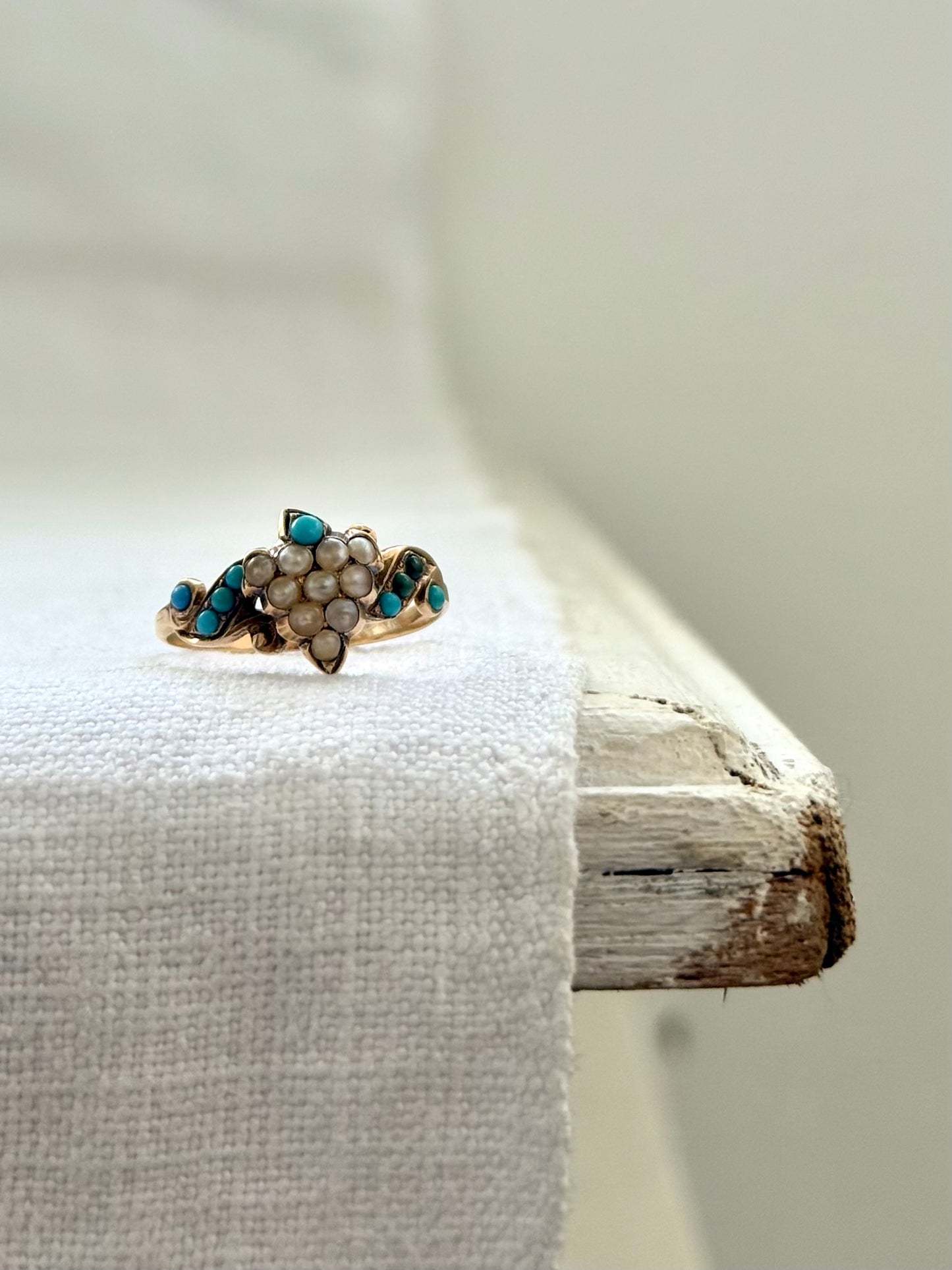 .1890s .1900s .375 .9ct antique buttery gold turquoise seed pearl grecian grape leaf Victorian gold sweetheart symbolic memory treasure ring