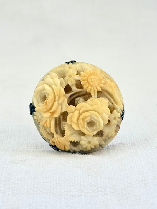 1890s .1900s antique artisan made Victorian Edwardian styled flower bouquet hand carved pre ban ivory bone Rose Daisy Forget me Not flower brooch
