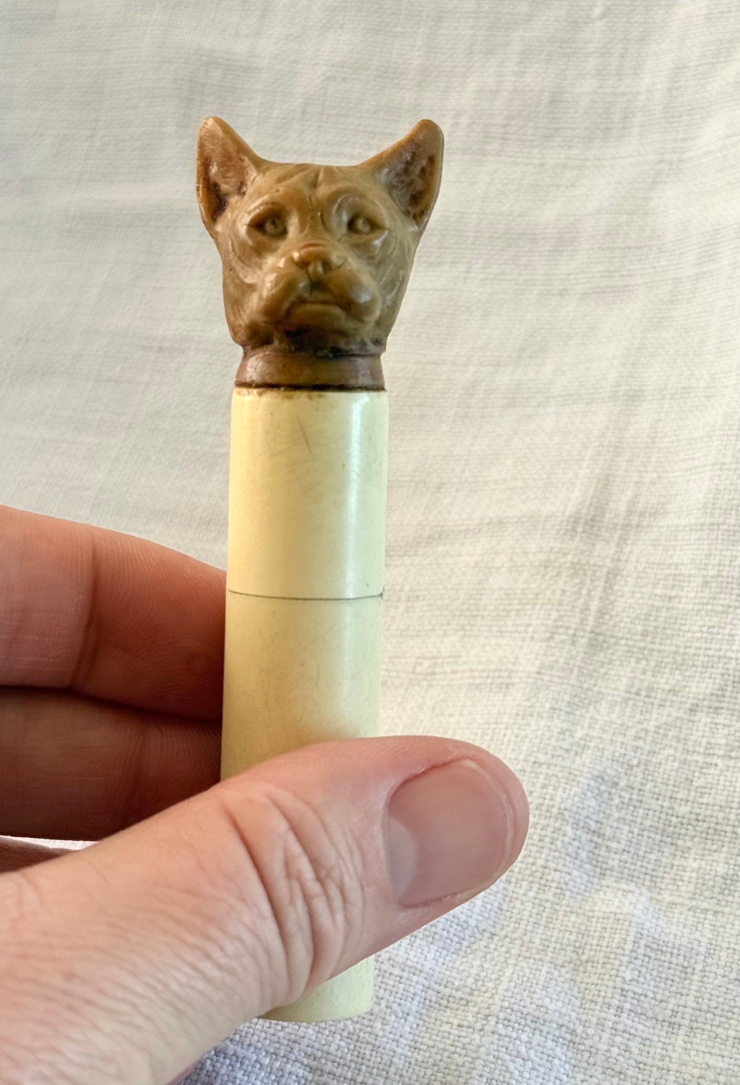 .1920s .1930s Art Deco rare hand carved French Bull Dog bakelite novelty perfume holder figural dog figurine case