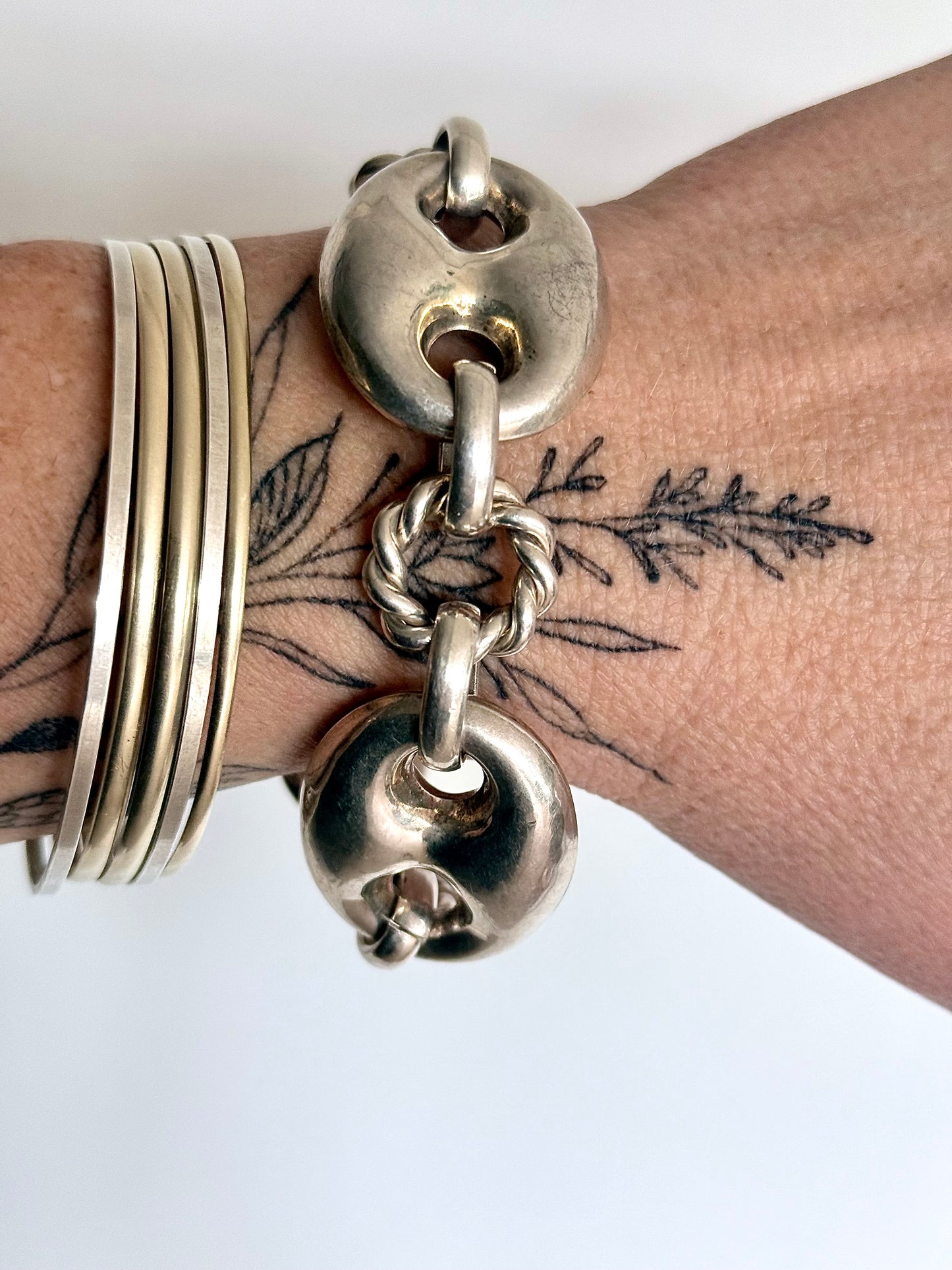.1980s .1990s .925 Super Sized Chunky extra puffy gucci link mariners link sterling silver fancy twist link modernist oversized chain bracelet