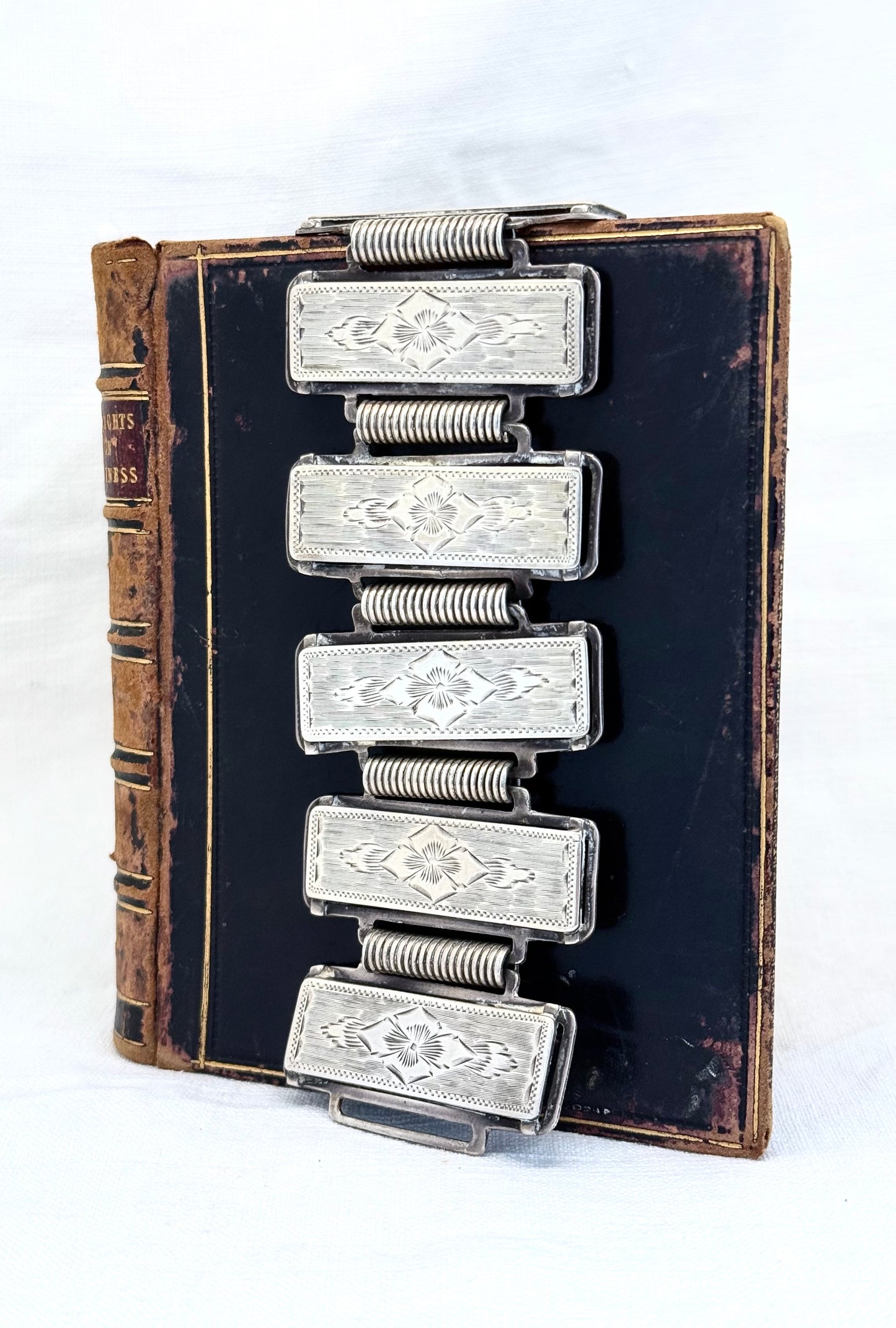 .1880s .1890s .925 Aesthetic Victorian era wide link and solid silver etched panel bracelet