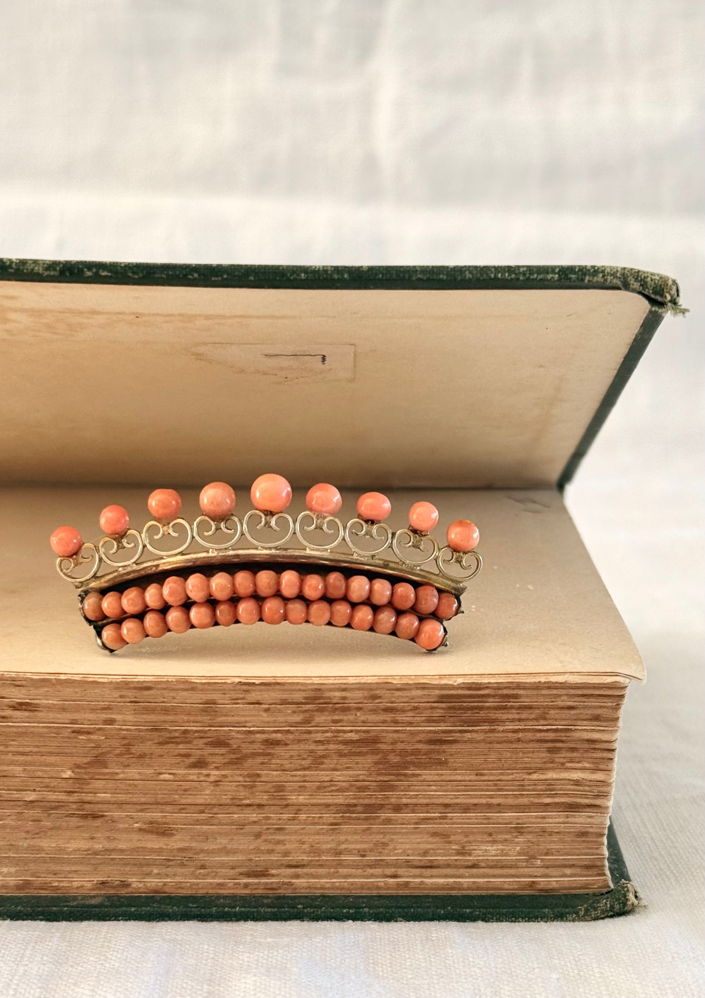 .1800s 19th century antique Salmon Coral Crown Tiara gold tone brooch pin