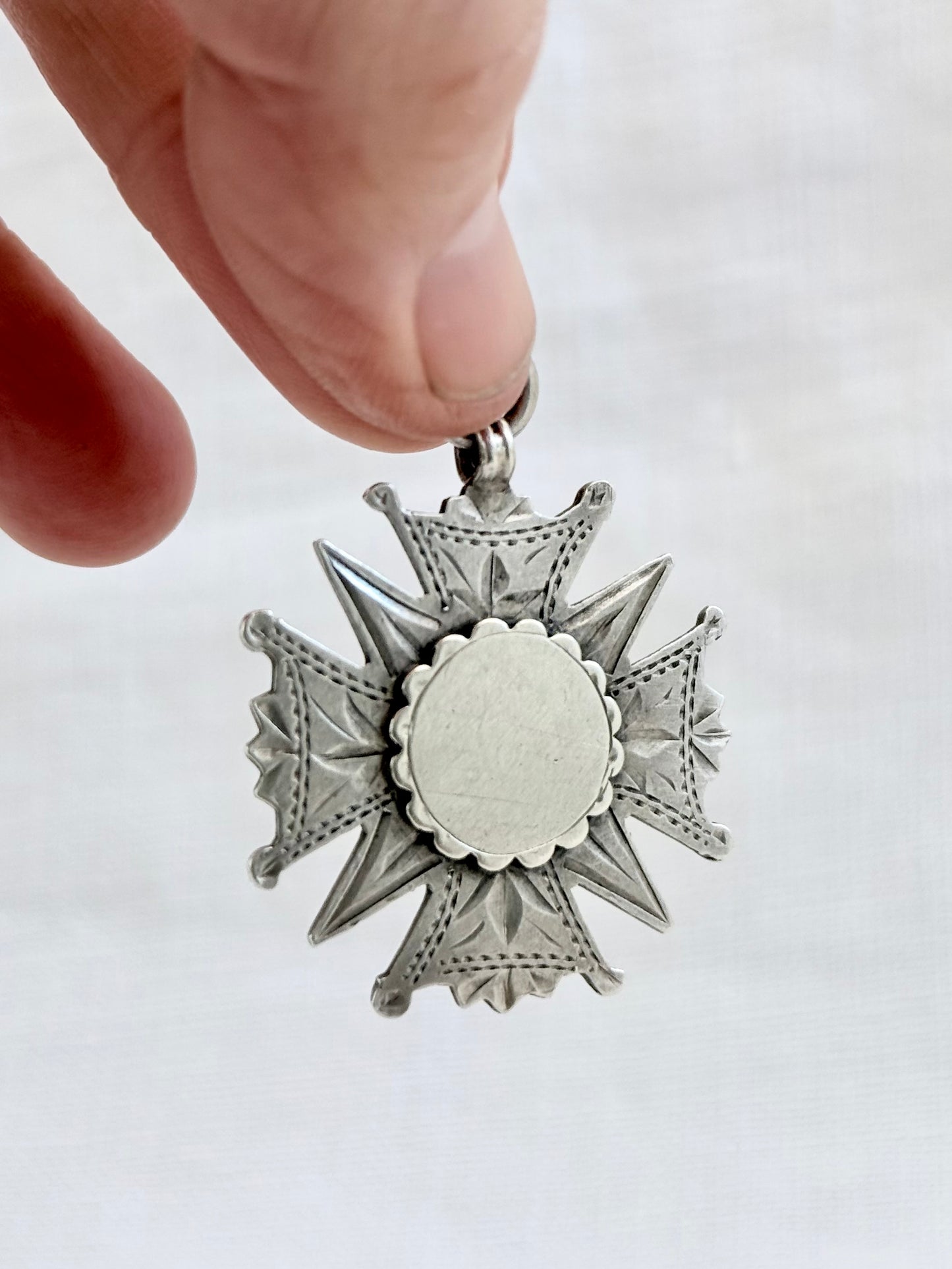 .1901 .925 antique Maltese Cross form Birmingham hallmarked English solid silver hand engraved fob medallion pendant