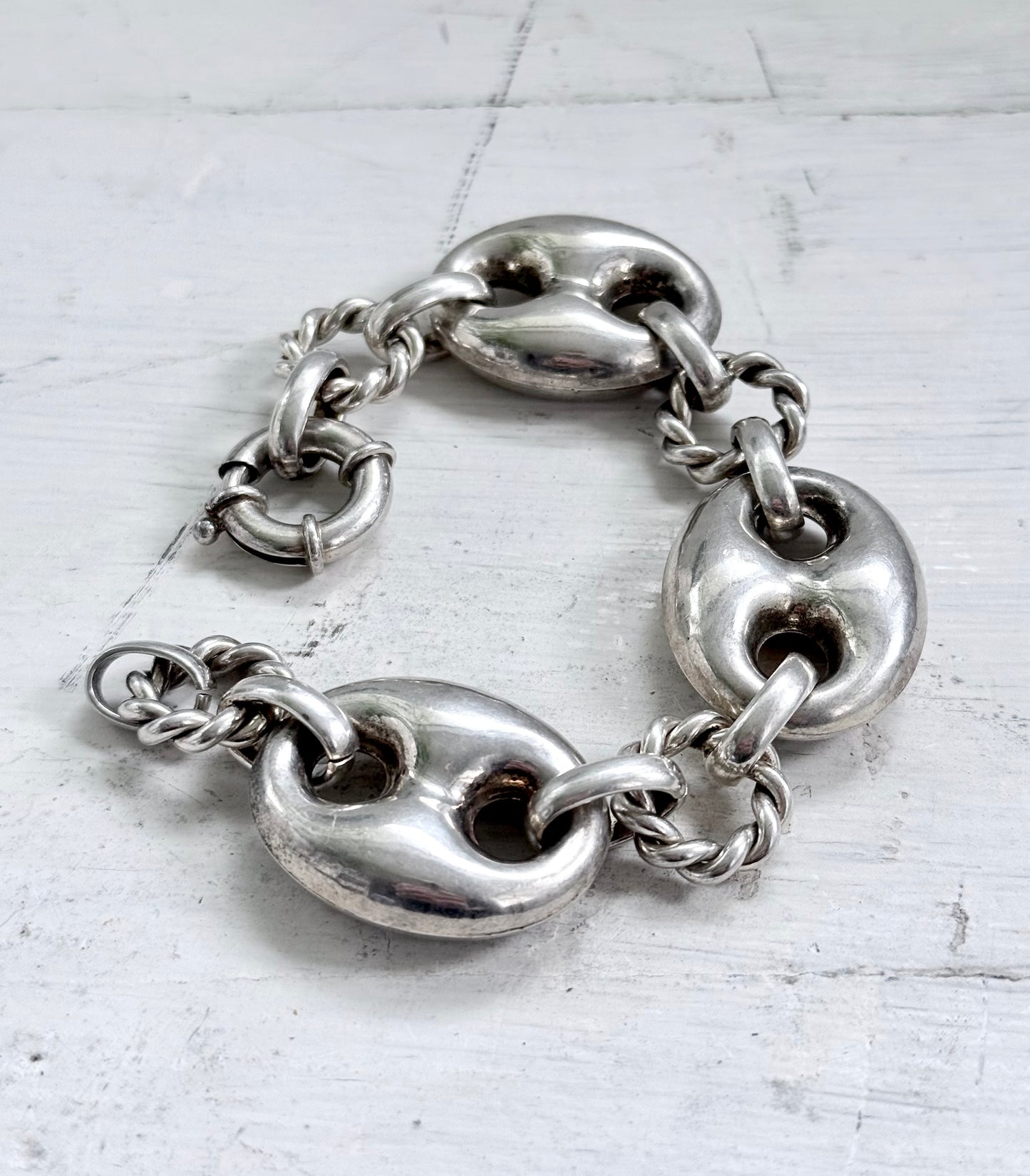 .1980s .1990s .925 Super Sized Chunky extra puffy gucci link mariners link sterling silver fancy twist link modernist oversized chain bracelet