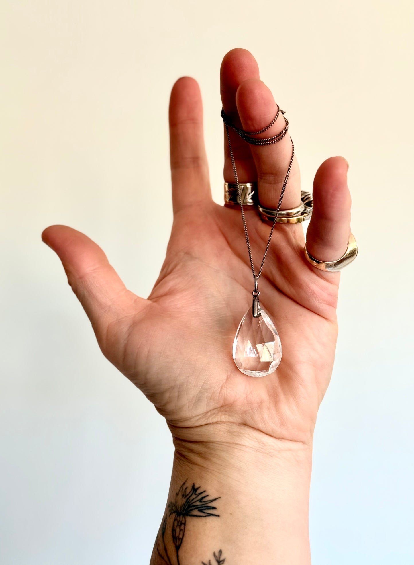 .1900s .1910 Antique Art Deco Rock Crystal Briolette teardrop pendant on Silver chain