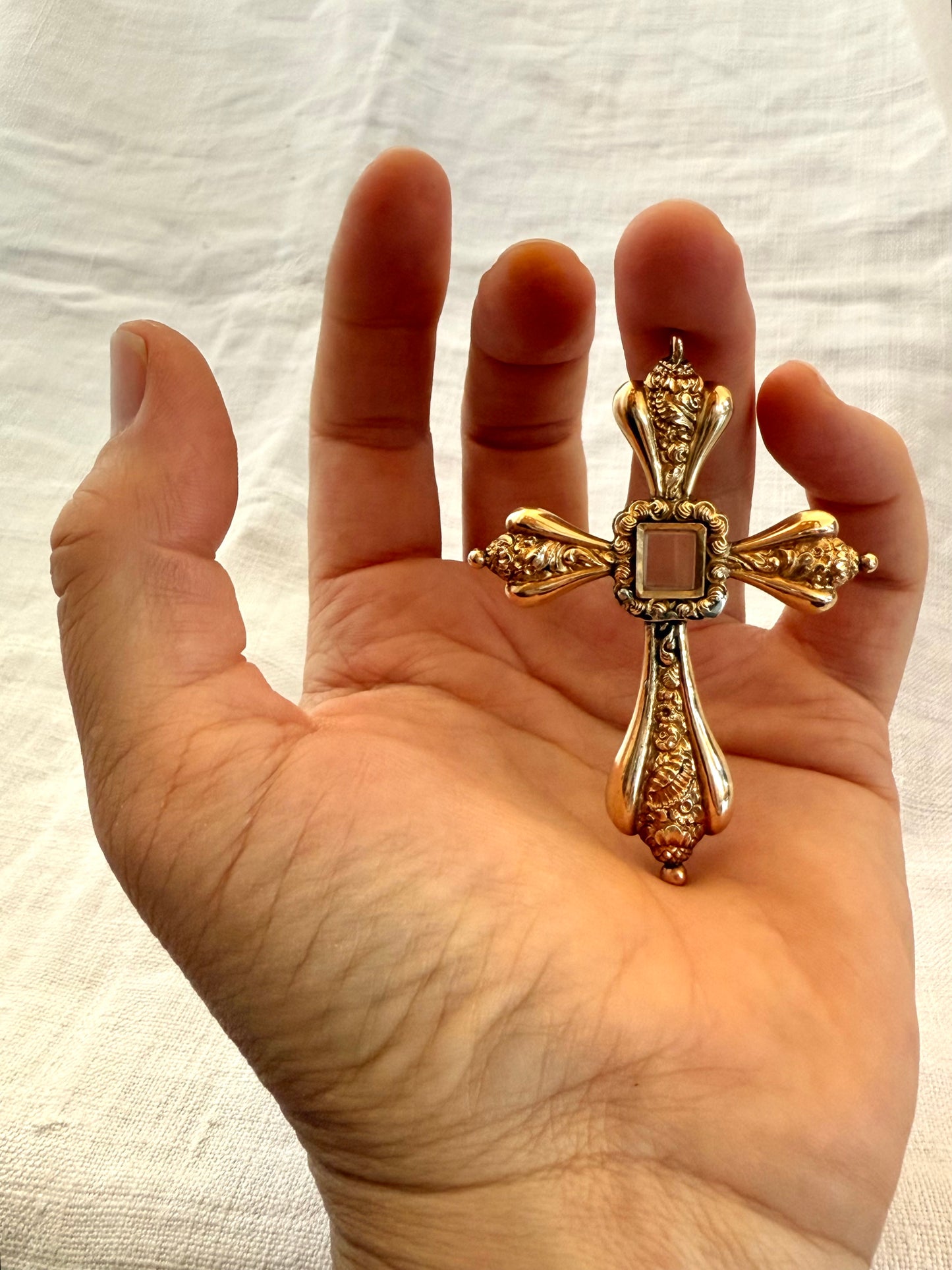 .585 14ct 1800s era antique large Gold high carat repousse cross locket oversized mourning locket rare large cross pendant