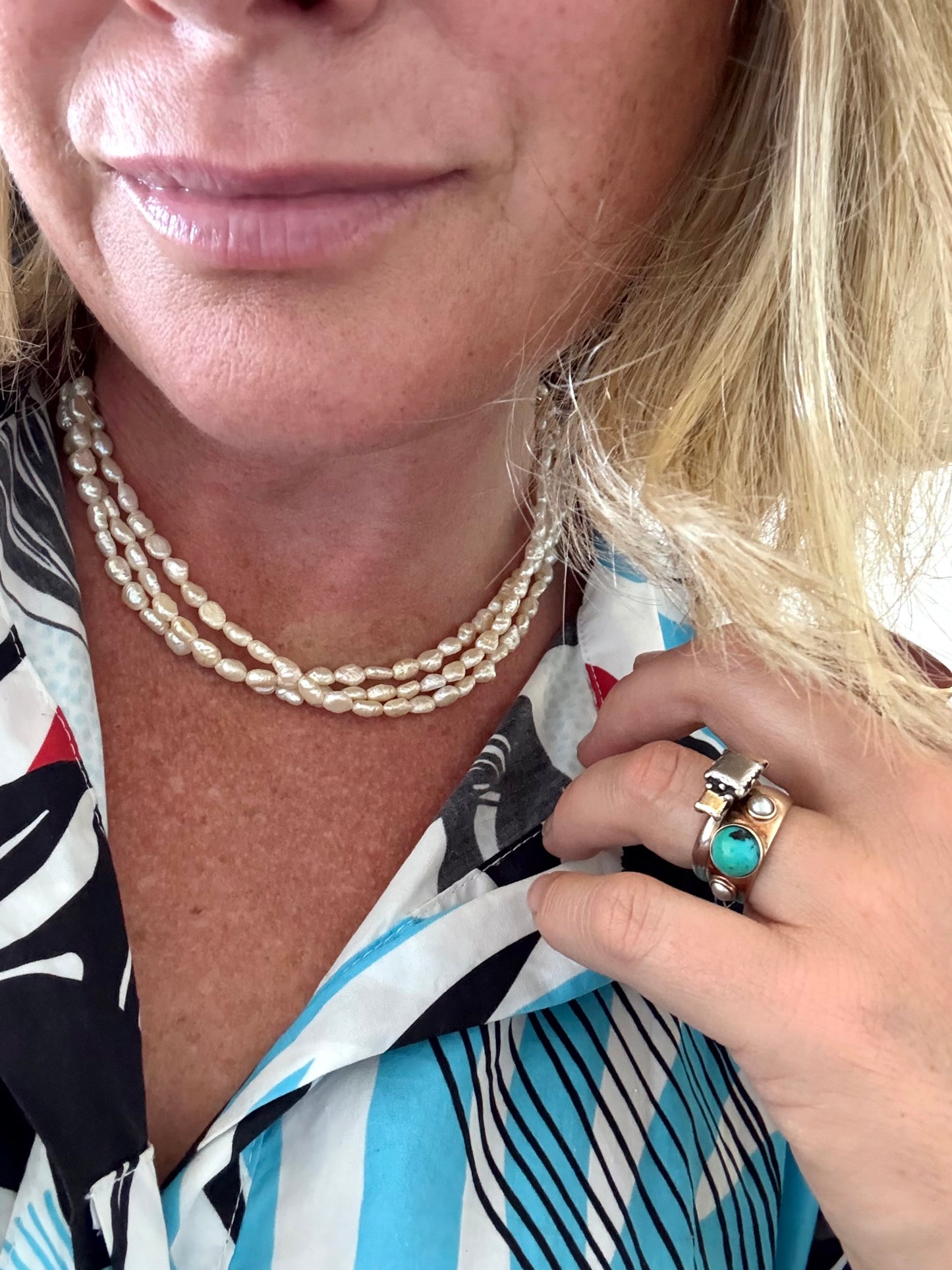 .375 3 strand freshwater rice pearl multi strand vintage 1930s style pearl necklace with precious 9k gold slider clasp