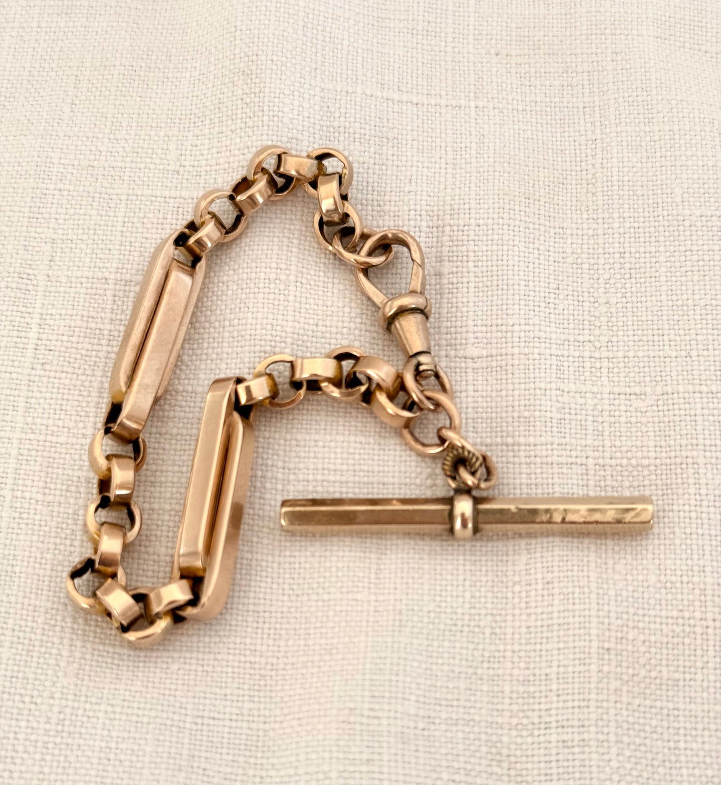 .1890s .1900s .9ct antique chunky gold fancy link double paper clip link fob chain with oversized T bar bracelet