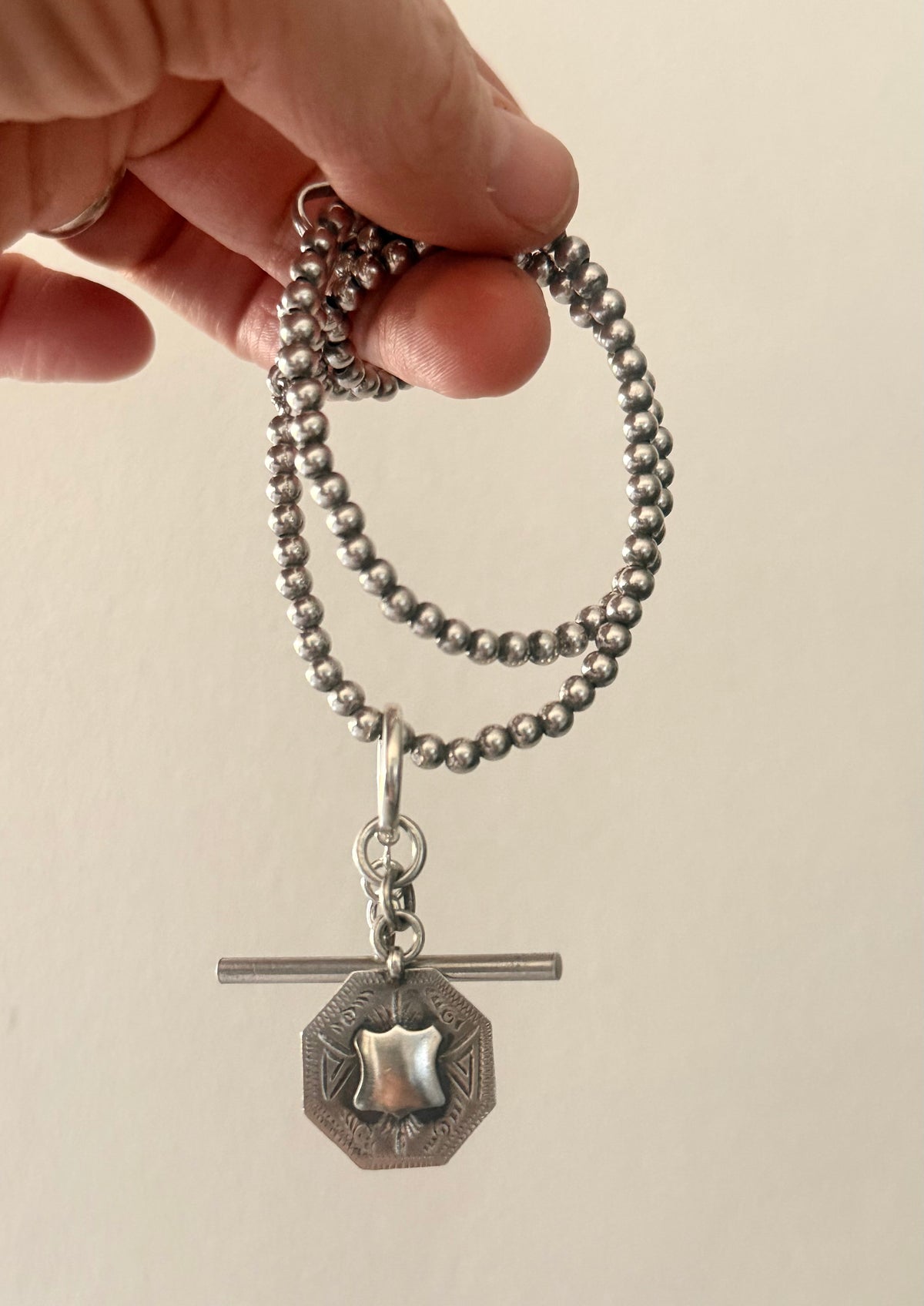 .925 antique revival modernist sterling silver bead chain fob chain t-bar medallion toggle chain necklace