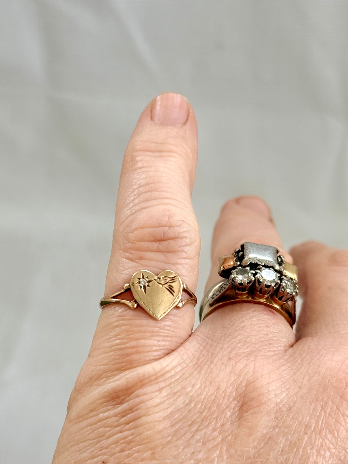 .375 .9ct gold heart token diamond starburst sweetheart love token swallow bird heart ring