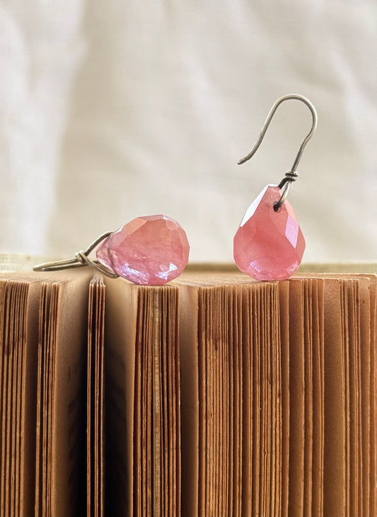 .925 Cherry Quartz gemstone Briolette teardrop silver artisan made boho drop dangle earrings