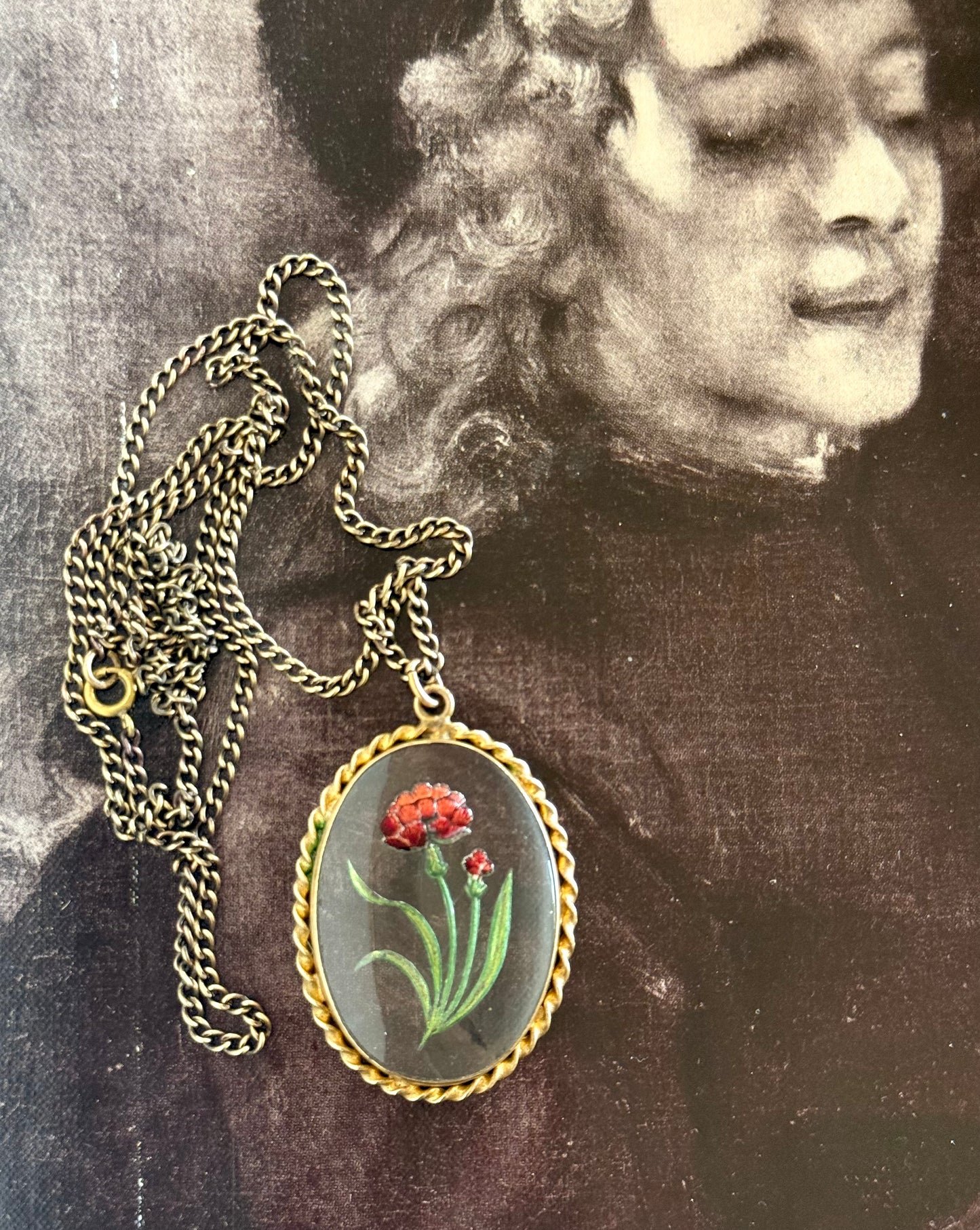.1900s .1920s antique artisan reverse glass Carnation flower hand painted floral glass cabochon pendant