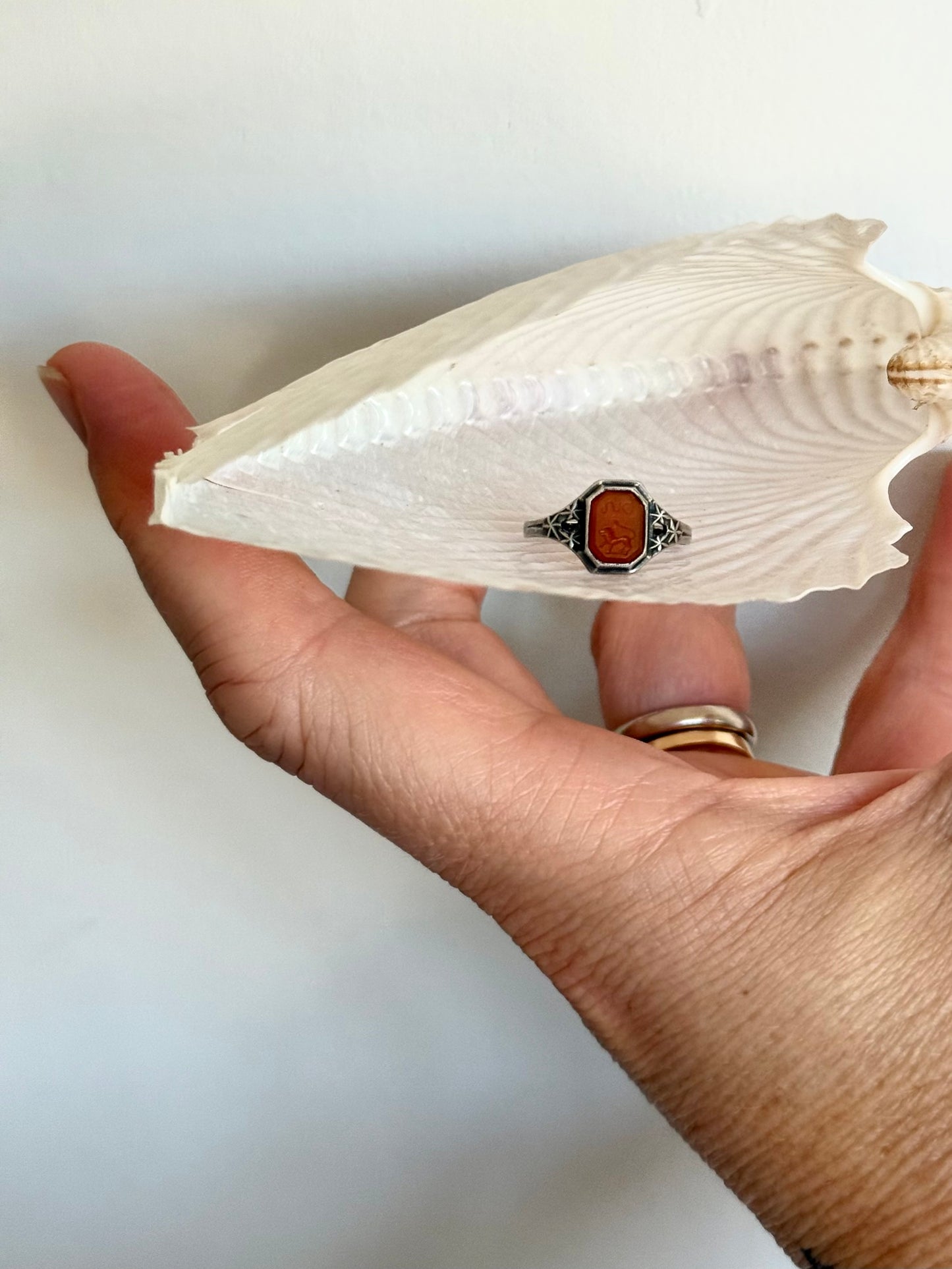 .1910s .1920s .935 Art Deco style Carnelian intaglio Leo Lion signet seal Zodiac Star Sign token ring.