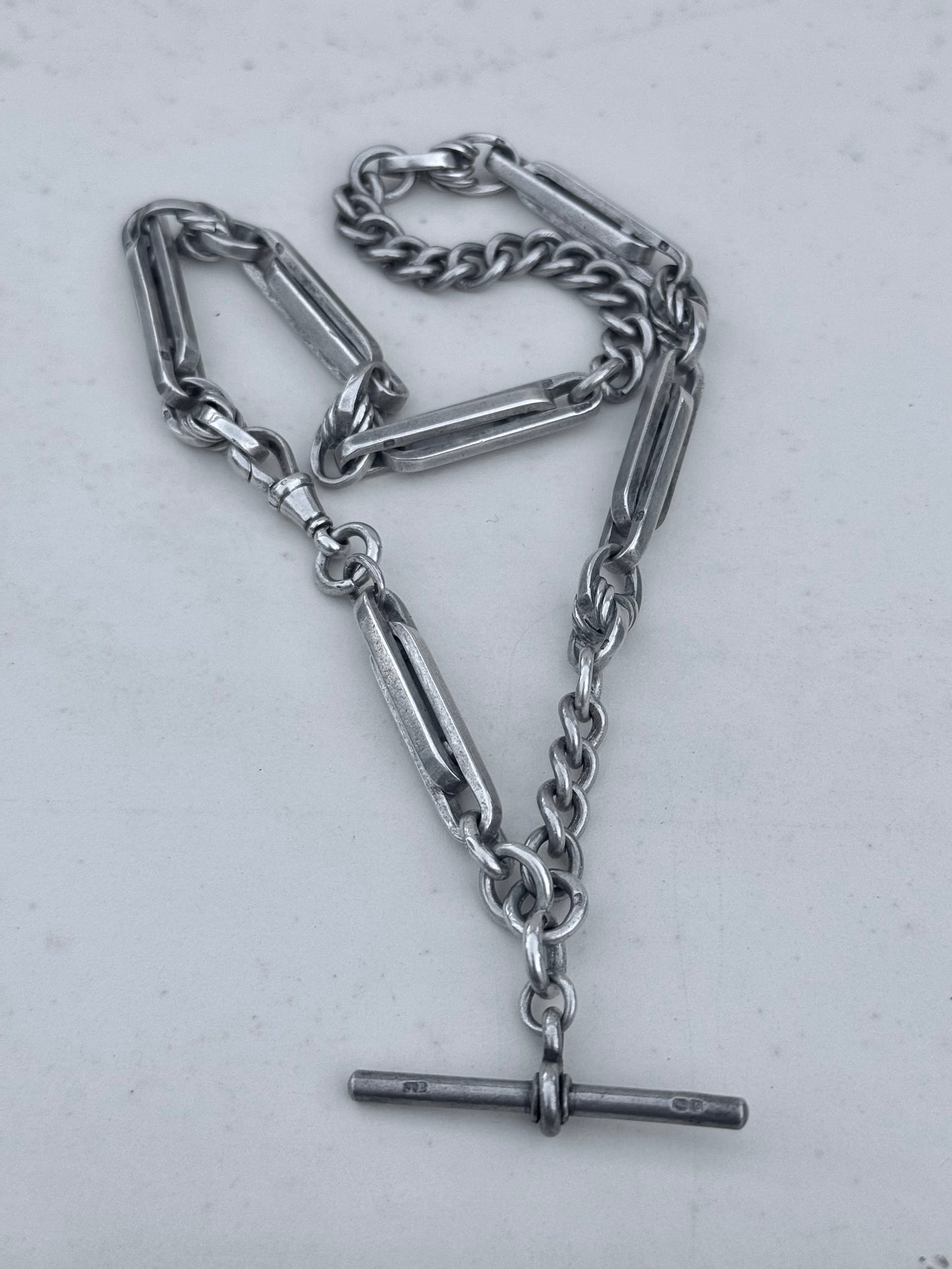 .1897 .1909 .925 antique solid chunky Albert fob chain fancy link Lovers Knot double Paper clip link Trumpet link hallmark Victorian Edwardian watch chain fob chain collectors necklace