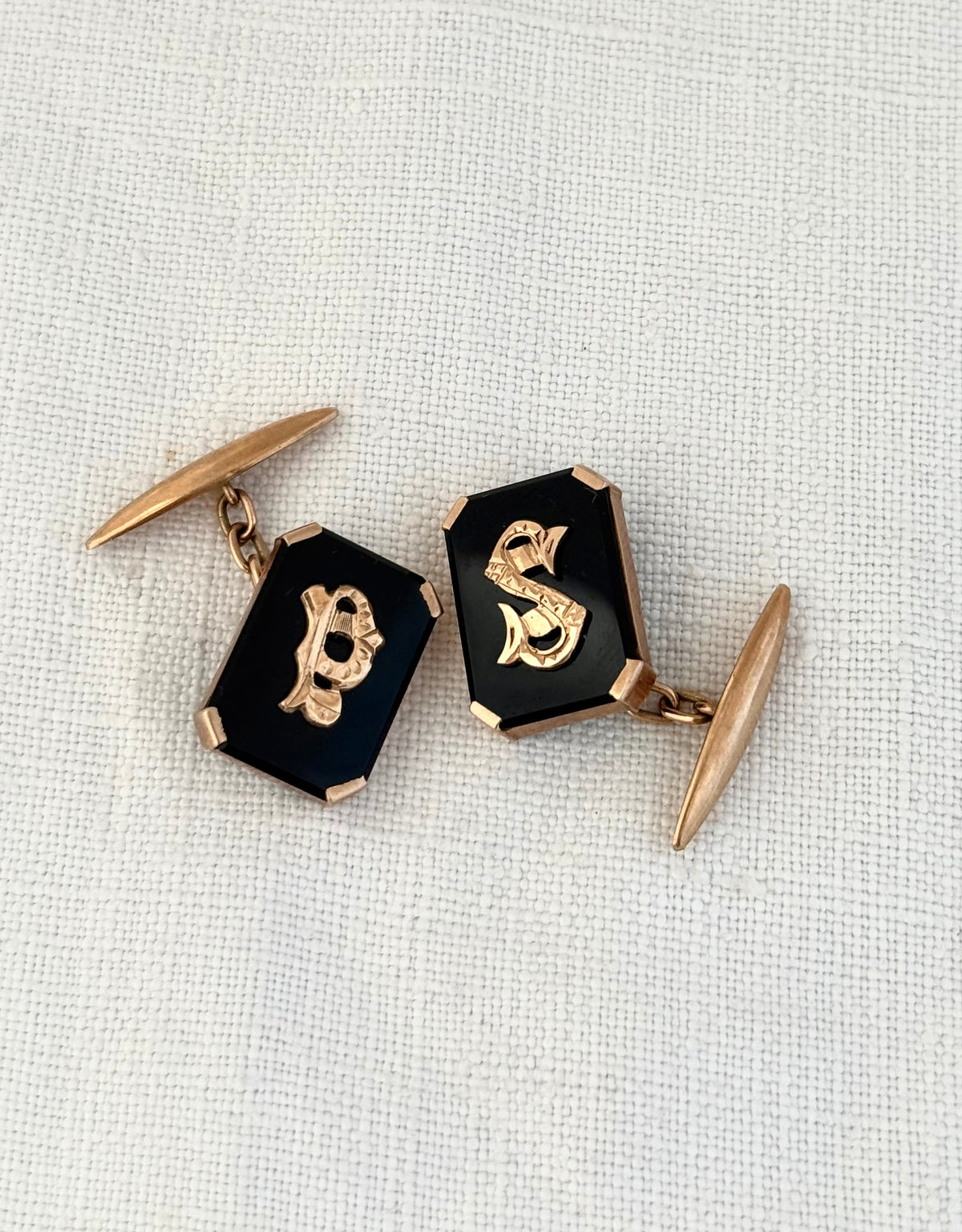 .1900s .1920s .375 .9ct Art Deco Rare antique Rose Gold and Onyx gemstone signet initial S & P cufflinks