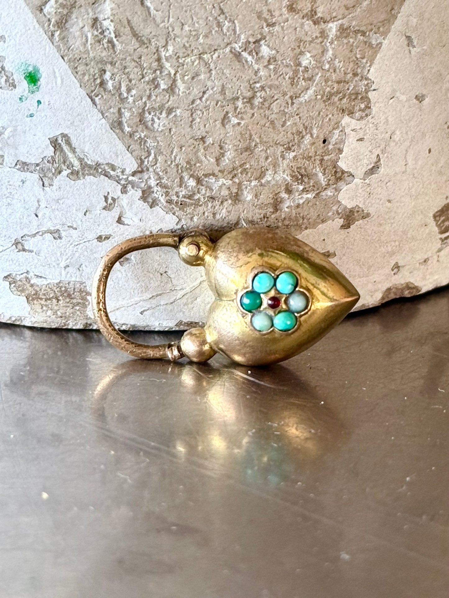 .1800s .1860s antique Georgian to Victorian era collectors heavy Gold fill large puffy heart antique gemstone padlock clasp pendant