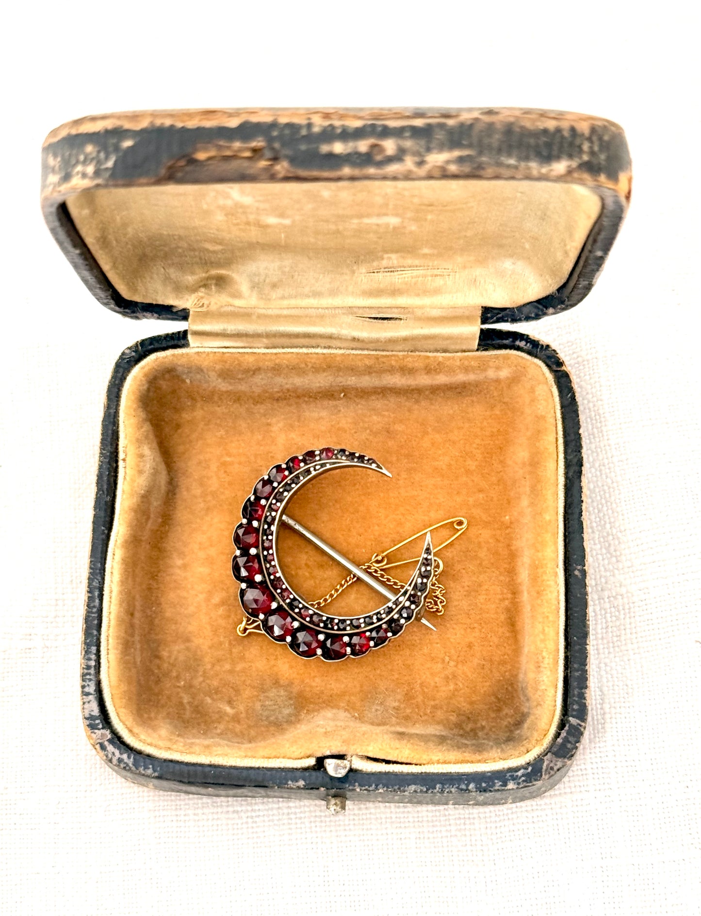 .1880s .1890s antique fine Bohemian Garnet gemstone set crescent celestial moon collectors silver gold brooch