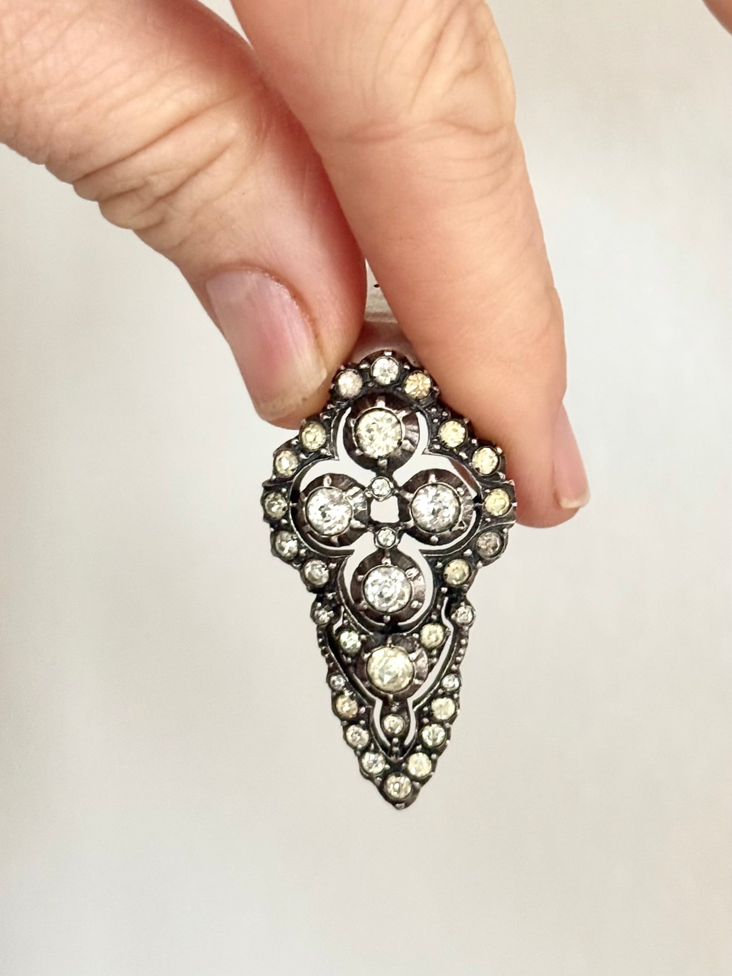 .1920s .1930s .935 antique Art Deco French silver diamond paste gemstone clip dress clasp lapel collar brooch pendant