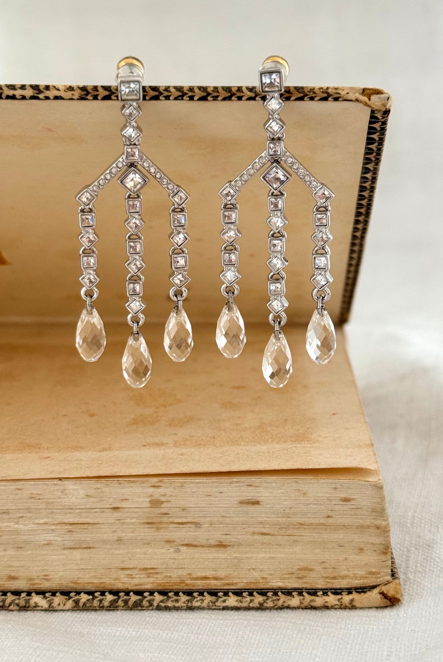 .1900s Art Deco Edwardian revival Swarovski designer crystal and rhinestone diamanté chandelier drop dangle earrings