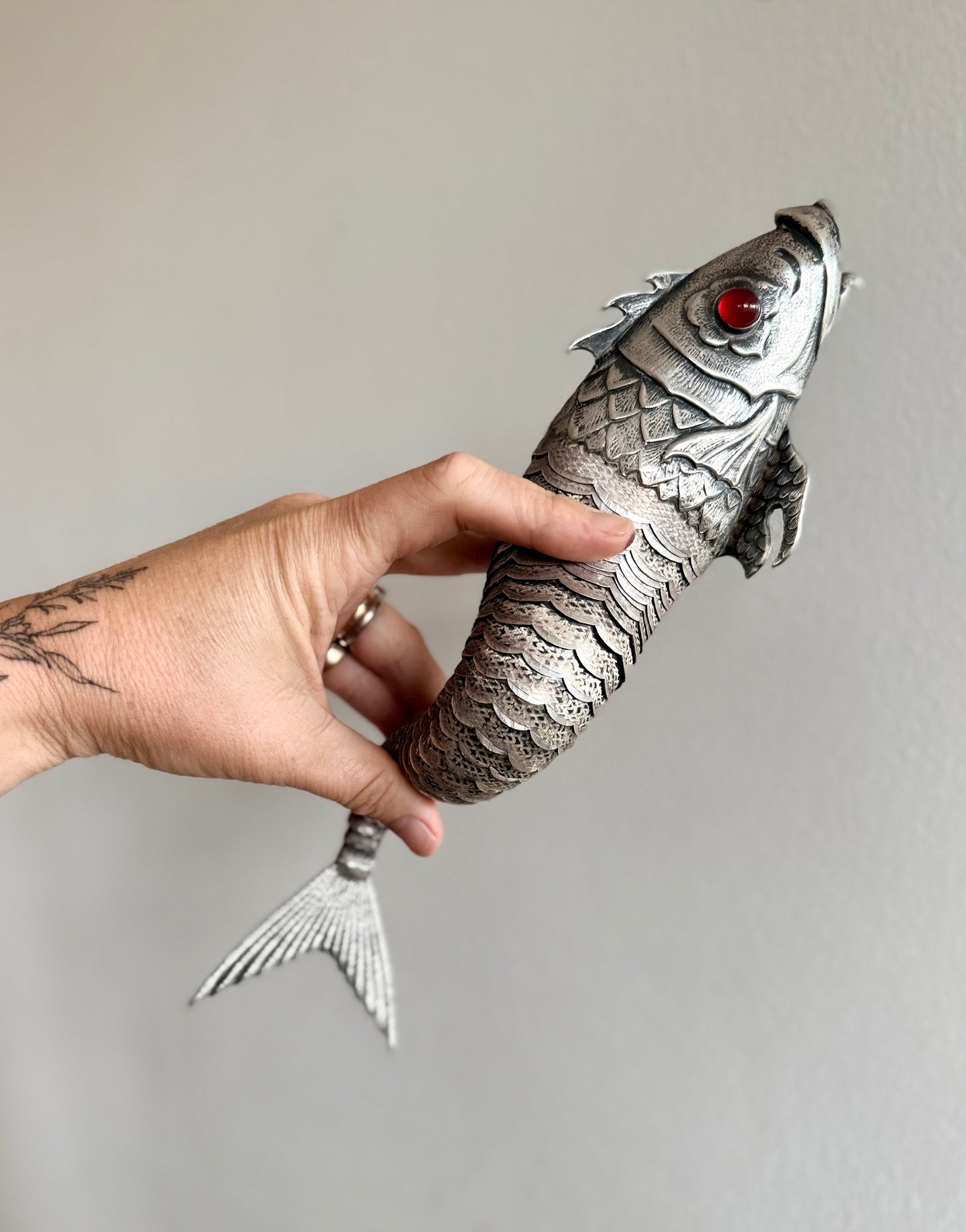 .1940s .915 articulated life sized hand made solid Spanish silver Large and magnificent artisan made Carb Fish rare treasured silver figural art statue