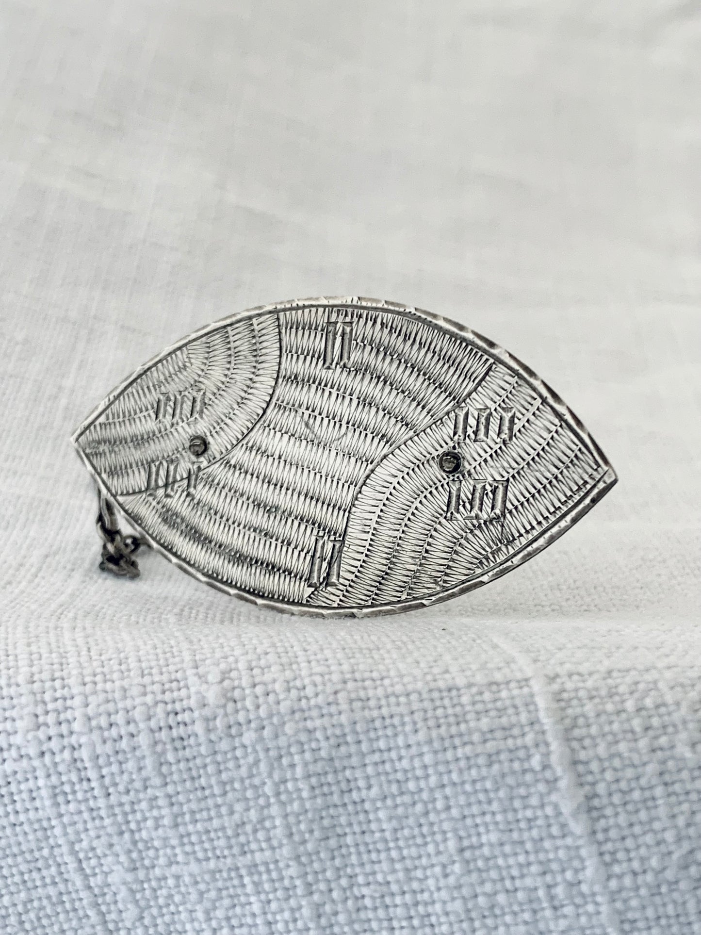 .925 1950s 1960s artisan made modernist tribal shield hand engraved hand made ellipse shape ethnic style shield brooch