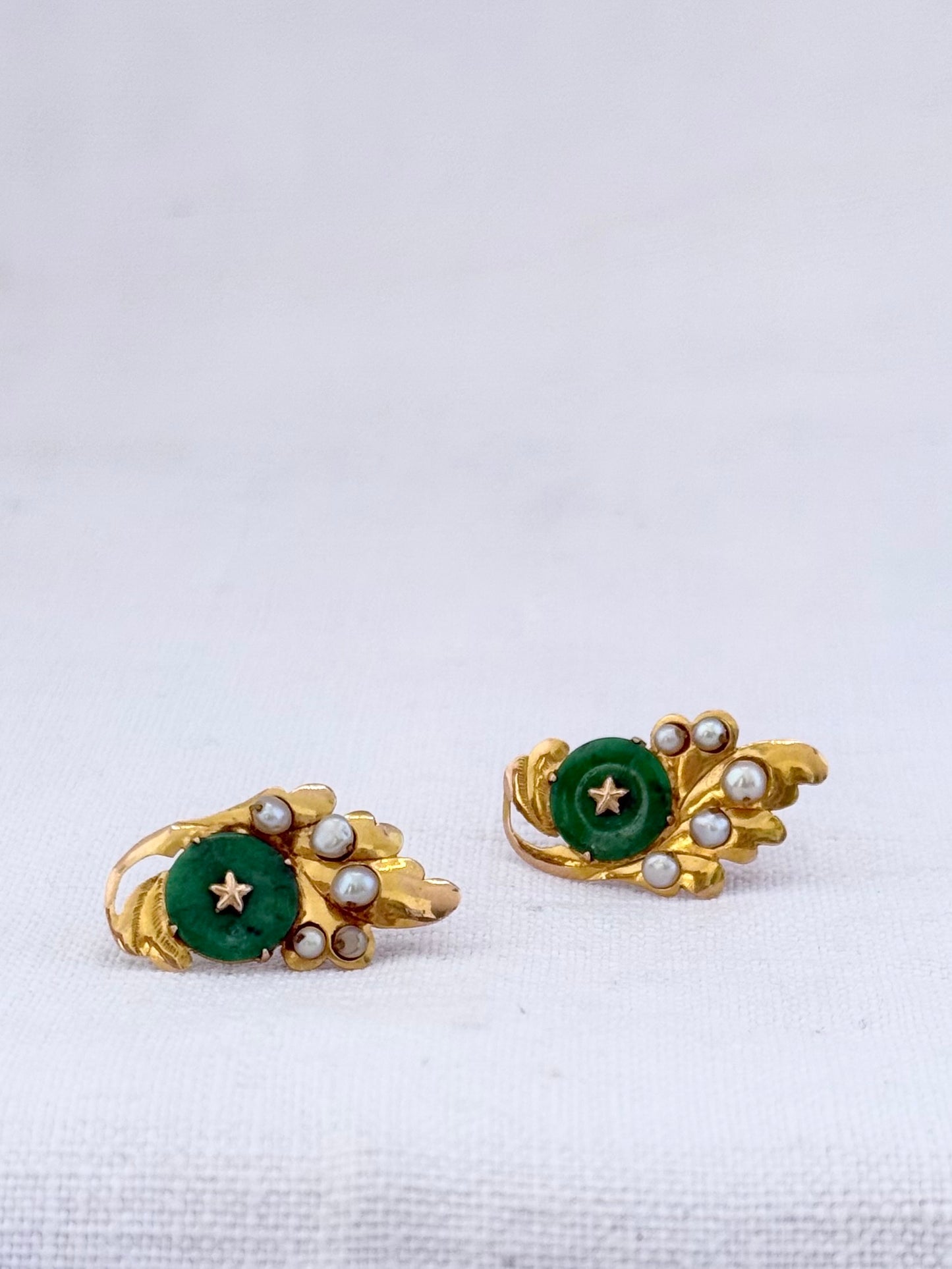 .14ct .1920s Apple Green Art Deco era Chinese Jade and pearl high yellow carat gold leaf earring with Apple green Jadeite star set seed pearl Chinese 1920s era antique high carat gold post stud earrings
