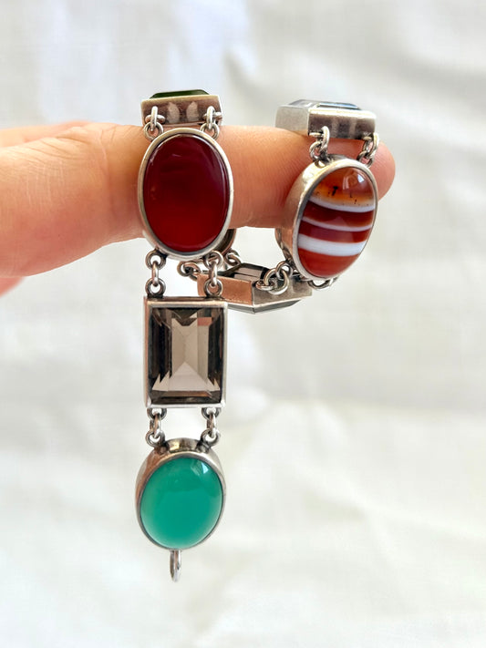 .1990s .2000s .8 stone .925 silver chunky statement artisan made Modernist gemstone links segment bracelet