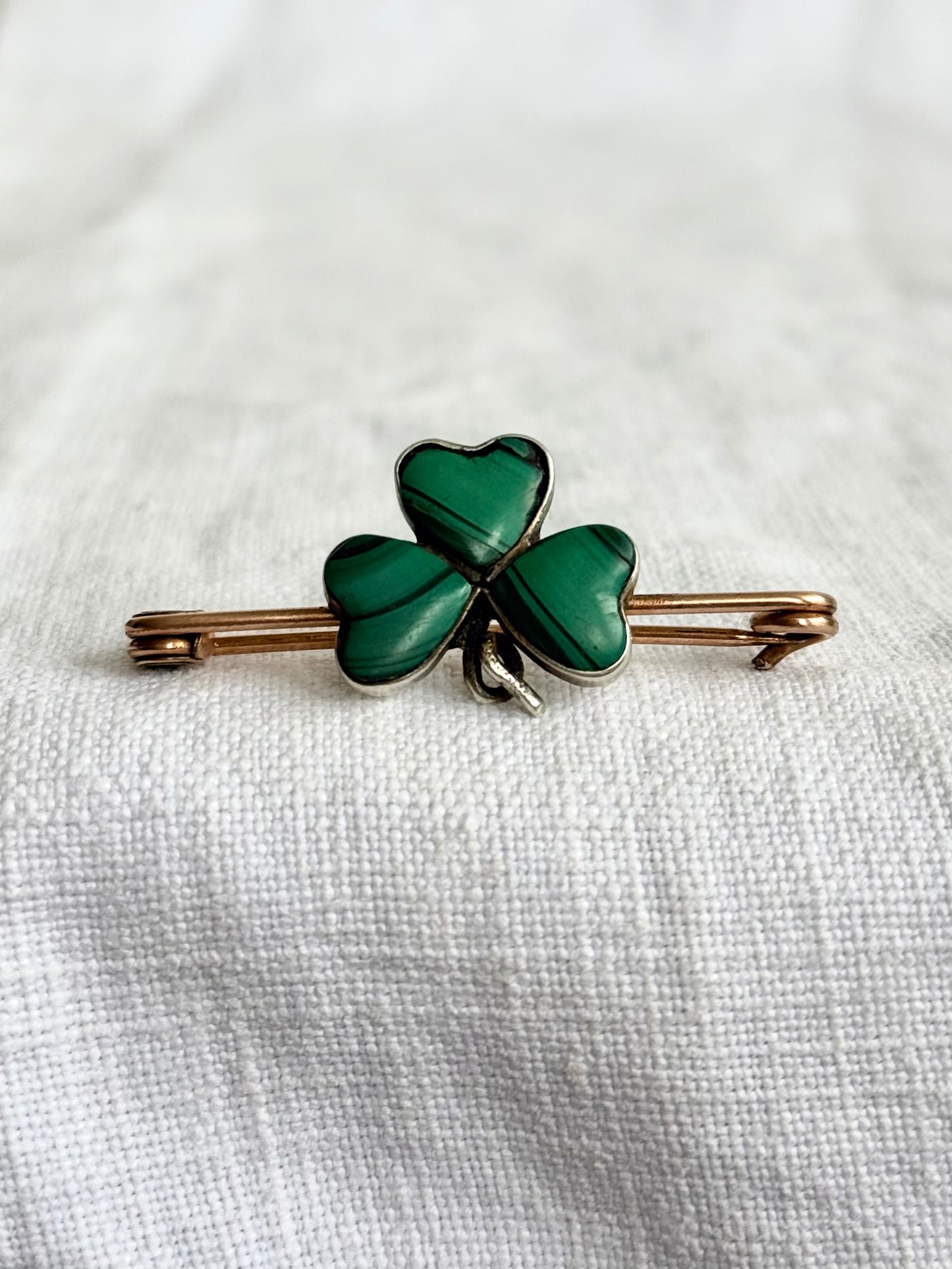 .1900s .1910s Clover Lucky token Malachite green gemstone three leaved faith token sweetheart brooch