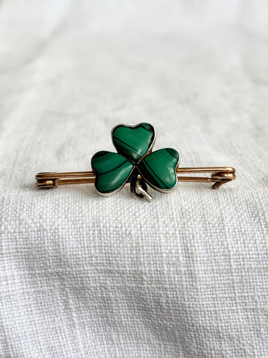 .1900s .1910s Clover Lucky token Malachite green gemstone three leaved faith token sweetheart brooch