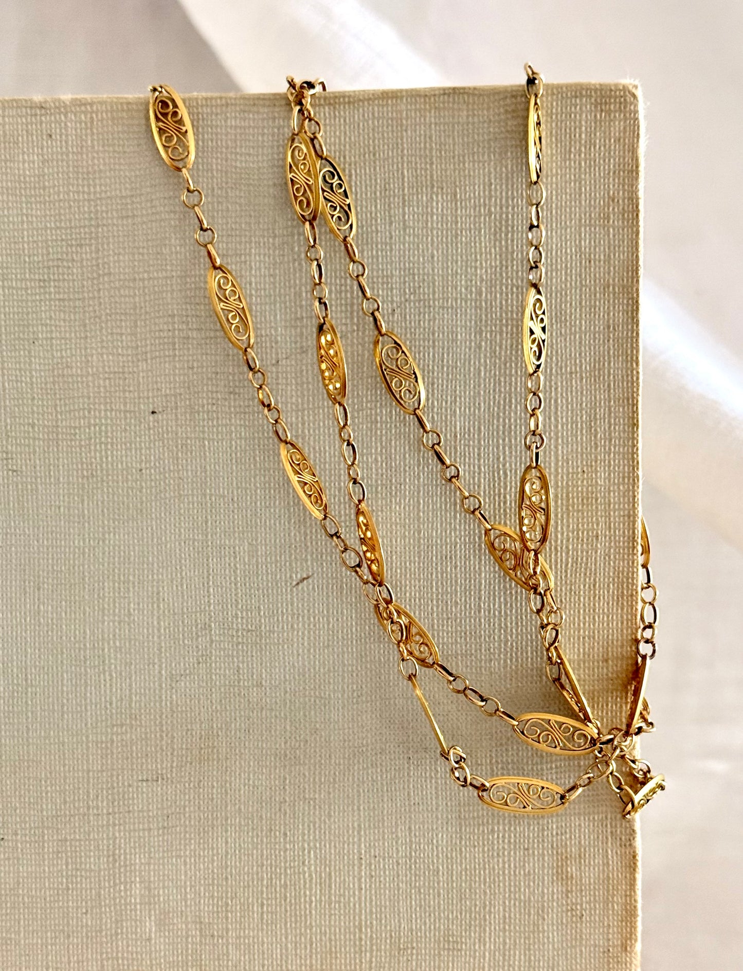 .101cm .1870s .1910s .18ct .750 antique long French Belle Epoque openwork fancy yellow gold marquise filigree guard chain necklace