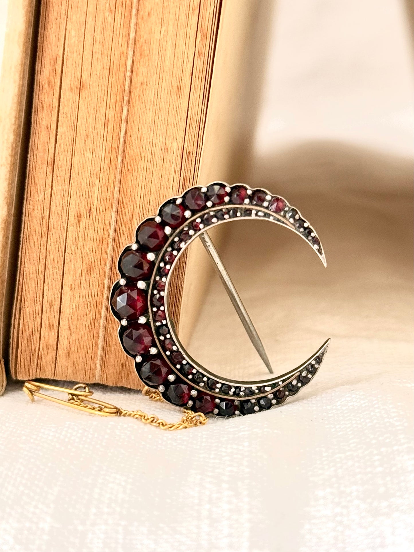 .1880s .1890s antique fine Bohemian Garnet gemstone set crescent celestial moon collectors silver gold brooch