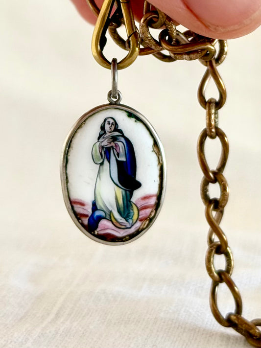 .1890s .1900s antique Portuguese Our Lady of miraculous Conception enamel pendant