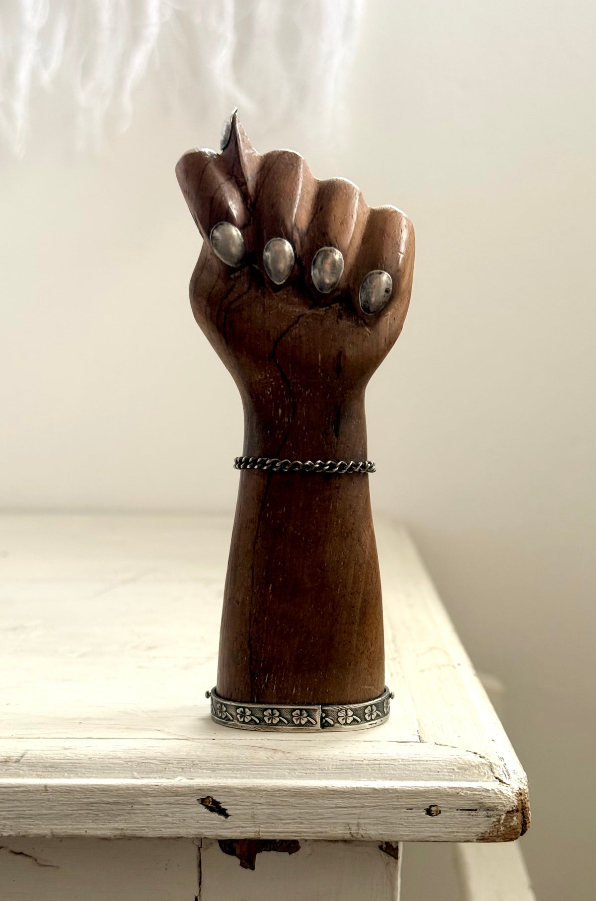 .1950s .900 Brazilian silver hand sculpted large artisan made wooden figa fist lucky token good luck talisman statue