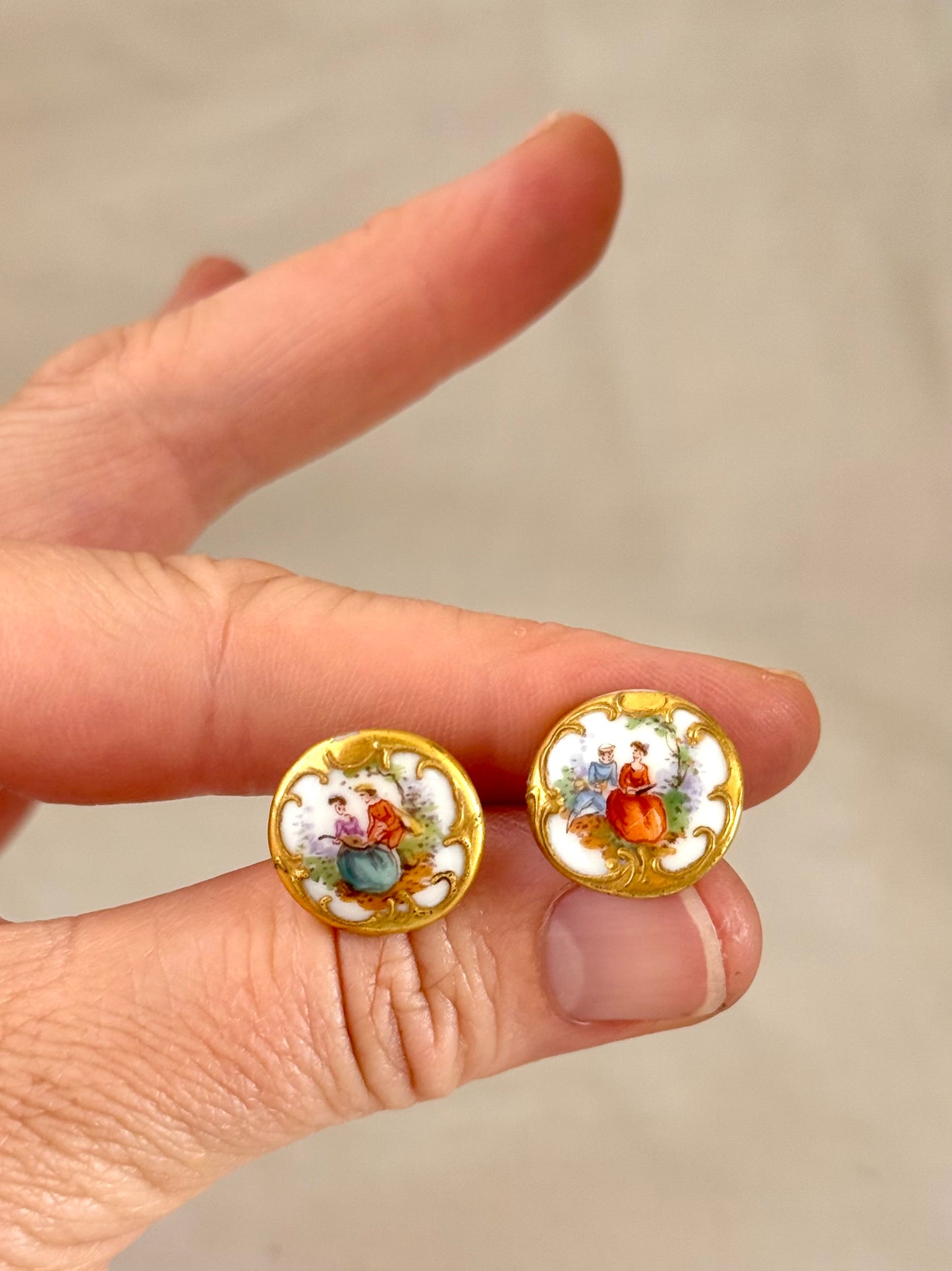 .1940s era Limoges hand painted romantic vintage porcelain button earrings