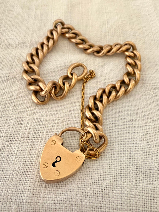 .10ct .417 solid gold 8mm chunky wide curb chain and oversized heart padlock heirloom heavy rose gold bracelet