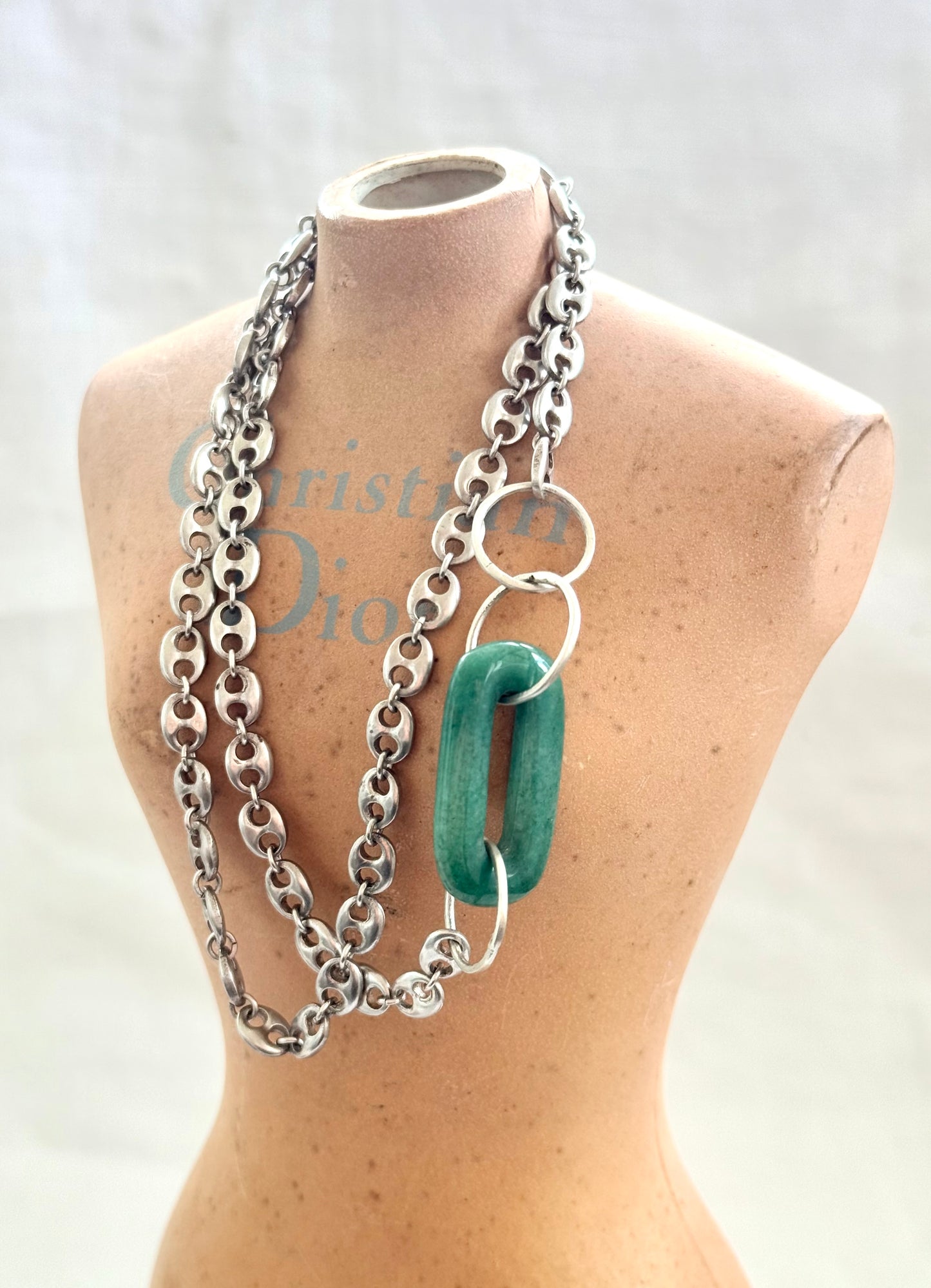 .925 HelenSilverSmit artisan made mariners link Gucci link Chrysoprase gemstone link chain necklace