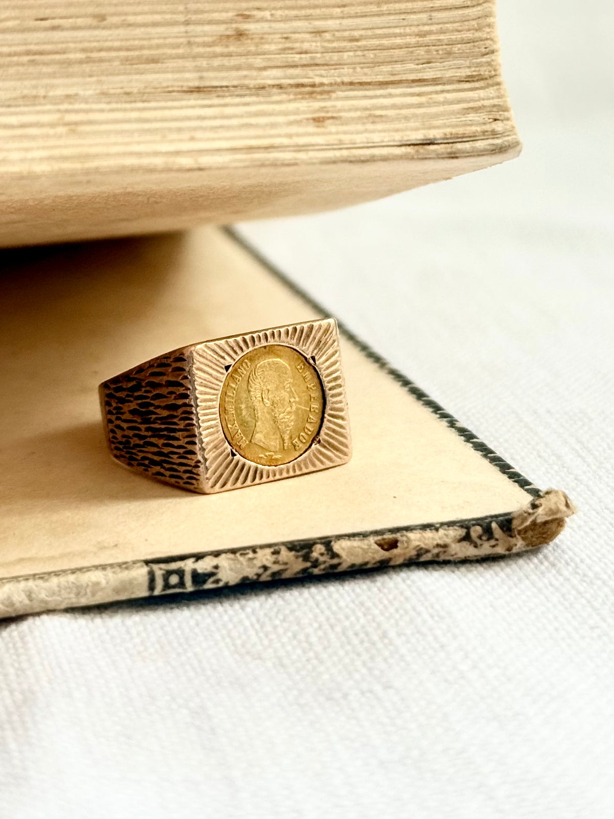.1960s circa .1865 .375 .9ct gold modernist coin token ring with 22k Mexican circa 1865 high carat gold Emperor Maximiliano collectors coin token