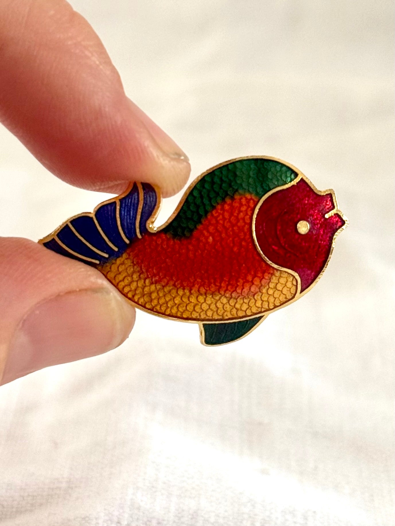 .1970s vintage Red Face colourful enamel fish quirky gold tone bright enamel fun fish costume brooch