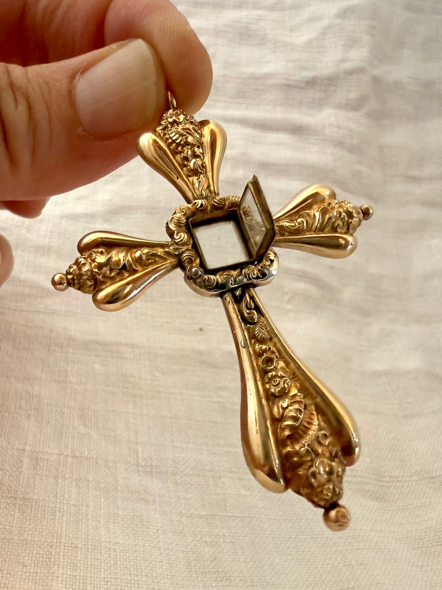 .585 14ct 1800s era antique large Gold high carat repousse cross locket oversized mourning locket rare large cross pendant