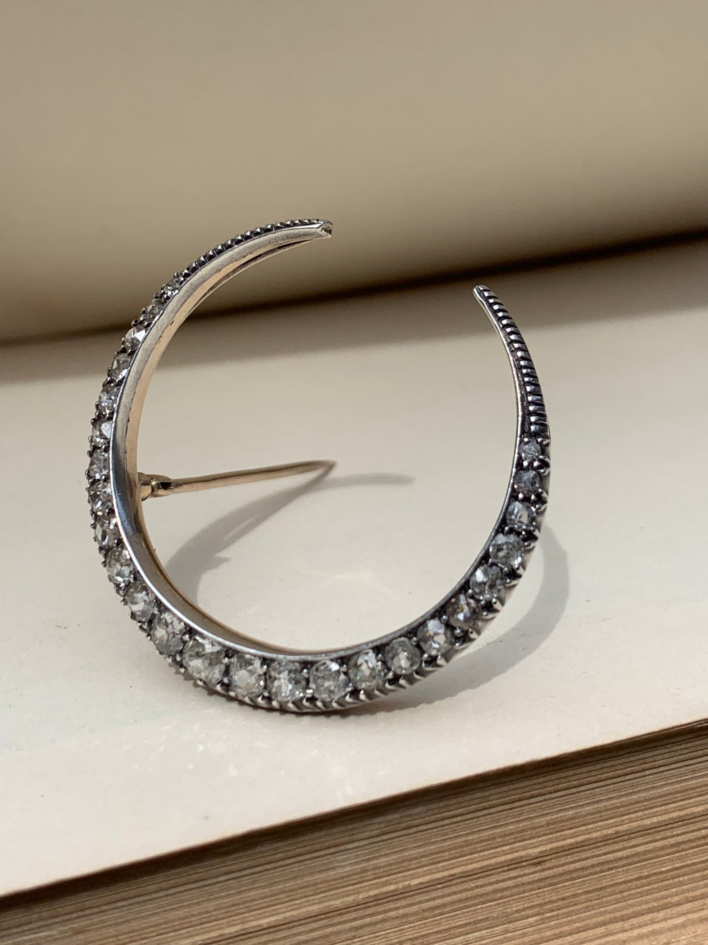.1800s .2.78ct diamond 9ct Victorian silver collectors Antique Celestial mine cut diamond sought after large crescent Victorian moon brooch