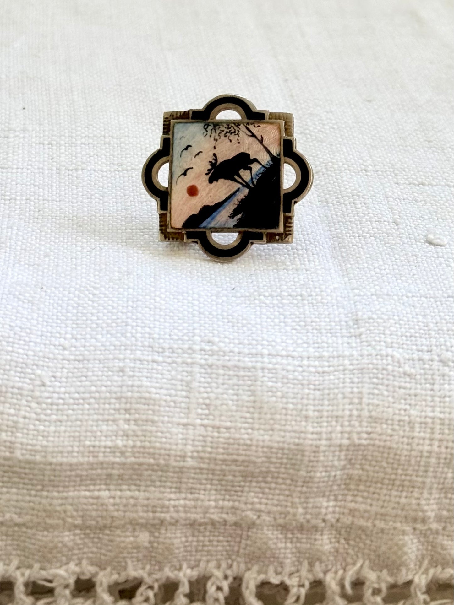 .1940s .925 enamel Scandinavian Modernist Norwegian MCM oval sunset Elk Rain Deer Seascape landscape collectors brooch