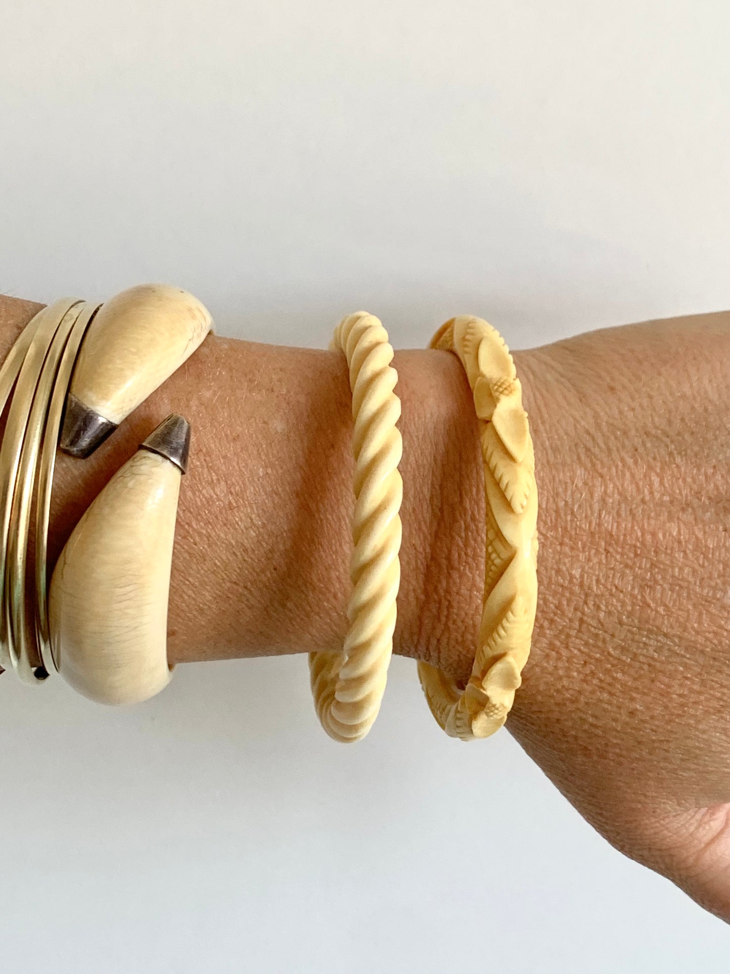 1900s Arts & Crafts antique pre ban ivory bone hand carved Victorian revival Edwardian era floral ivory stack bangle
