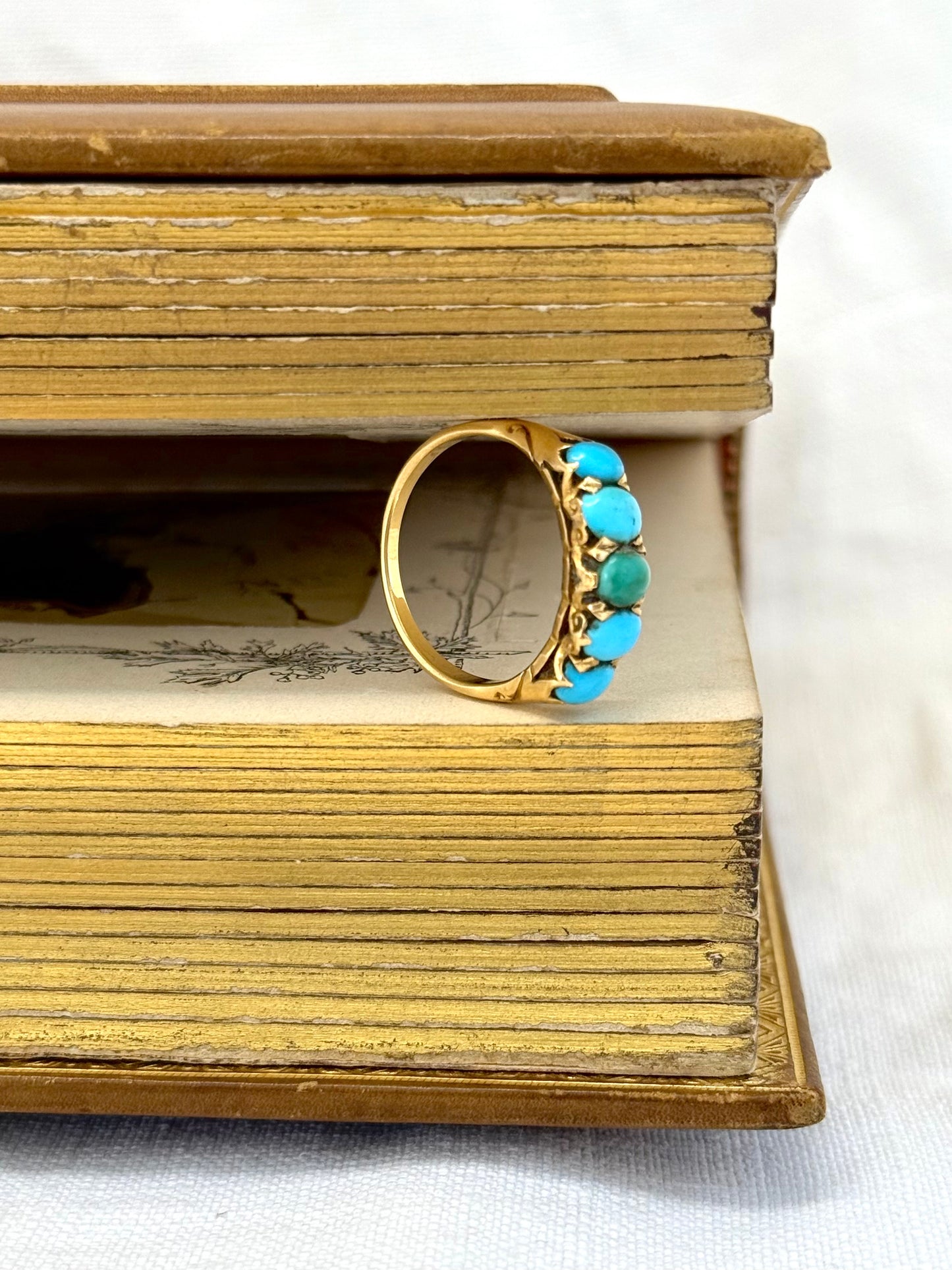 .18ct .1890s .5 turquoise Victorian blue gemstone half eternity high carat gold dress ring