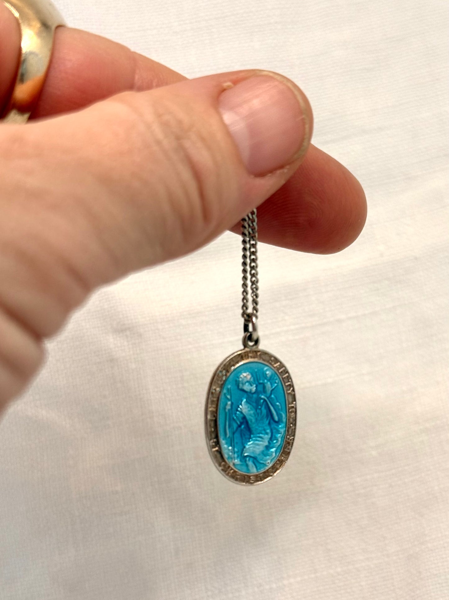 .1970s .925 Georg Jensen designer blue enamel Saint Christopher vintage religious treasured sterling silver token pendant