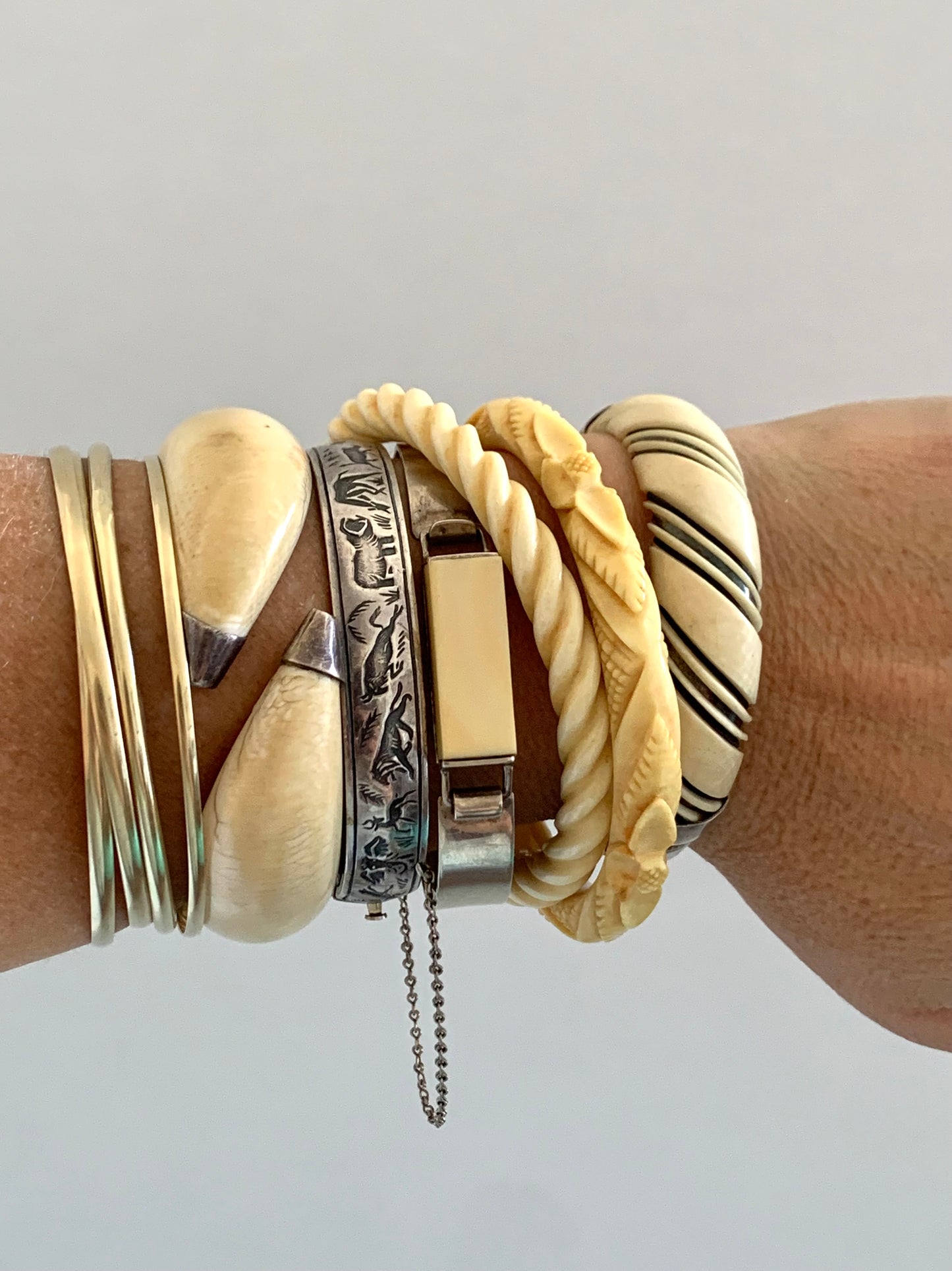 1900s Arts & Crafts antique pre ban ivory bone hand carved Victorian revival Edwardian era floral ivory stack bangle
