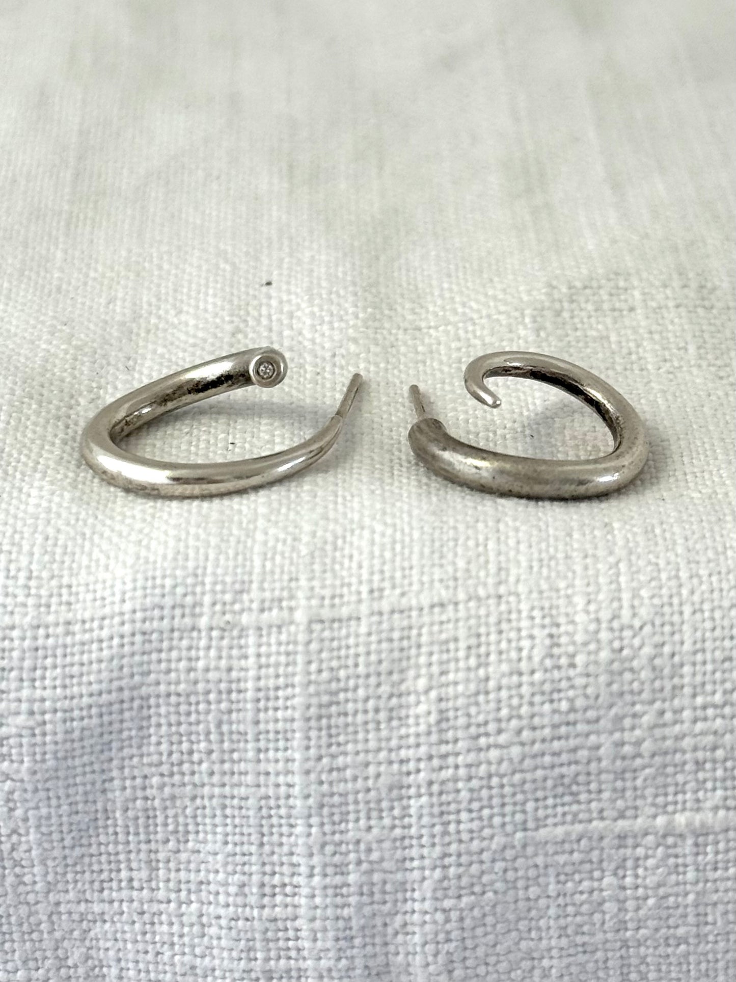 .925 silver diamond accent artisan made twist twirl mismatched wearable art solid silver luxury hoop post stud earrings