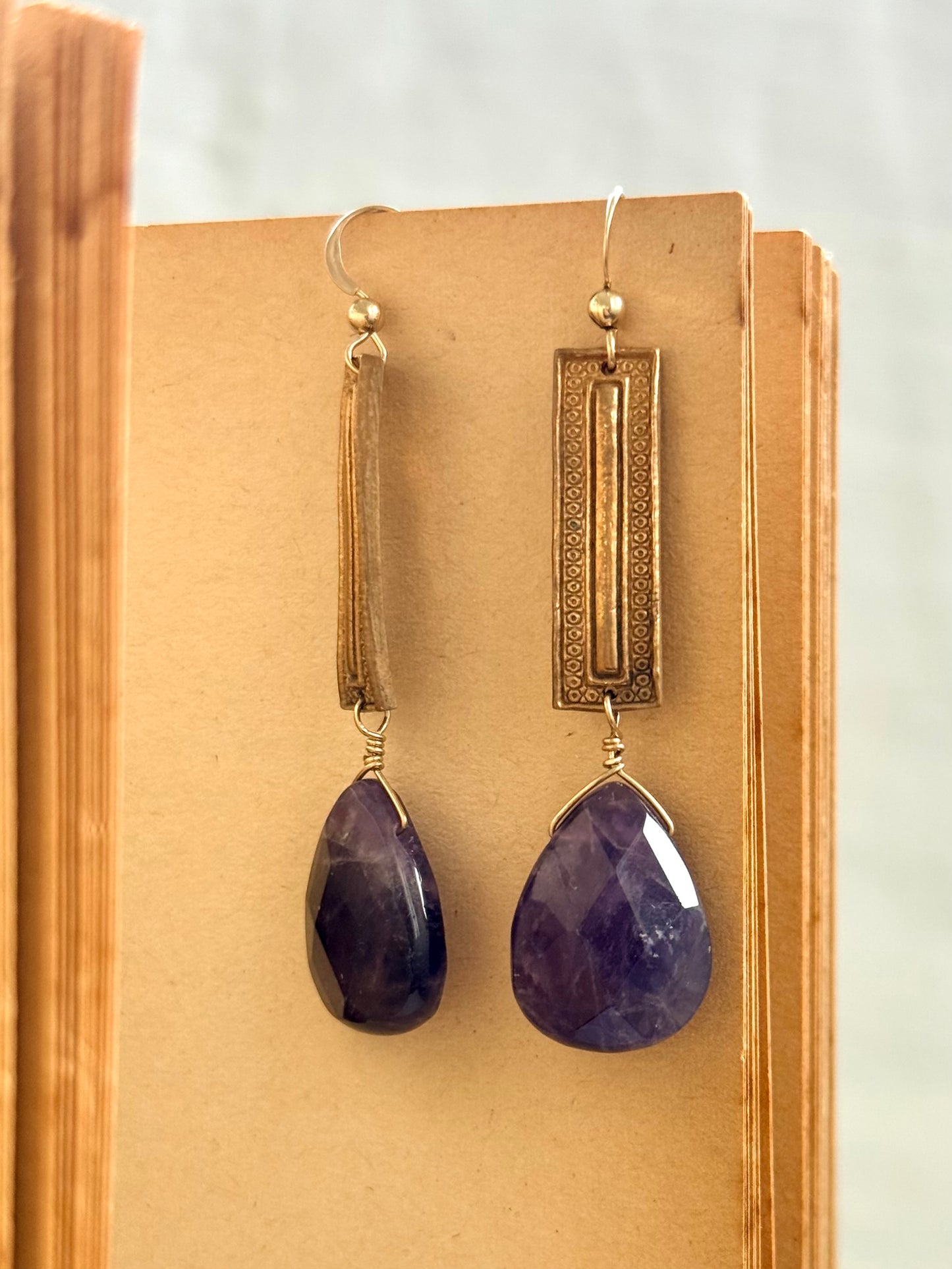 .14k gold Amethyst gemstone Briolette teardrop gold plated artisan made boho drop dangle earrings